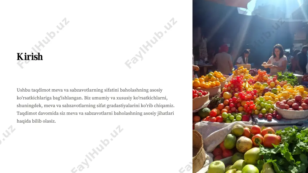 ilik meva va sabzavotlar uchun ularning shakli ham muhim ahamiyat kasb etadi. standartlarda urug'li va ko'pchilik danakli mevalar shakli bo'yicha aynan shu meva va sabzavot tipiga mos bo'lishi ko'rsatiladi. shaklining aynan shu tipga mos bo'lmasligi esa, ularning pastki tovar navlariga o'tkazilishiga asos bo'ladi. ba'zi sabzavotlar uchun standartlarda shakliga talablar keltirilmaydi. 1 moslik aynan shu tipga mos bo'lishi talab etiladi. 2 ta'sir pastki tovar navlariga o'tkazilishiga sabab bo'ladi. 3 talablar ba'zi sabzavotlar uchun talablar yo'q. sirt holatining ahamiyati meva va sabzavot sirtining holati yuzasining quruqligi va tozaligi bilan xarakterlanadi. sirtining nam bo'lmasligi ko'pchilik zararli mikroorganizmlarning rivojlanishi uchun noqulay sharoit hisoblanadi. ko'pchilik meva-sabzavotlar uchun sirtining yuzasiga ham katta e'tibor beriladi, chunki sirtining tozaligi mahsulotning tovar ko'rinishiga va estetik hususiyatlariga katta ta'sir ko'rsatadi. quruqlik mikroorganizmlar rivojlanishi uchun noqulay sharoit. tozalik tovar ko'rinishi va estetik xususiyatlarga ta'sir. ta'sir sifatni nazorat qilish qiyinlashadi. meva va sabzavotlarning butunligi va yangiligi meva va sabzavotlarning butunligi deganda ularda …