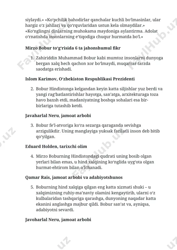 atlantirishlar hayotga, san’atga, arxitekturaga toza havo baxsh etdi, madaniyatning boshqa sohalari esa bir-birlariga tutashib ketdi. javaharlal neru, jamoat arbobi 3. bobur fe’l-atvoriga ko‘ra sezarga qaraganda sevishga arzigulikdir. uning manglayiga yuksak fazilatli inson deb bitib qo‘yilgan. eduard holden, tarixchi olim 4. mirzo boburning hindistondagi qudrati uning bosib olgan yerlari bilan emas, u hind xalqining ko‘nglida uyg‘ota olgan hurmat-ehtirom bilan o‘lchanadi. qamar rais, jamoat arbobi va adabiyotshunos 5. boburning hind xalqiga qilgan eng katta xizmati shuki – u xalqimizning ruhiy-ma’naviy olamini kengaytirib, ularni o‘z kulbalaridan tashqariga qarashga, dunyoning naqadar katta ekanini anglashga majbur qildi. bobur san’at va, ayniqsa, adabiyotni sevardi. javoharlal neru, jamoat arbobi 6. saxovati va mardligi, iste’dodi, ilm-fan, san’atga muhabbati, ularga mashg‘ulligi bilan osiyodagi podshohlar orasida boburga teng keladigan birorta hukmdor topilmaydi. uilyam erskin, «boburnoma»ning ingliz tarjimoni boburiylar sulolasi haqida 10 dalil buyuk mo‘g‘ullar imperiyasi nomi bilan tarixga kirgan boburiylar sulolasidan oldin ham, undan keyin ham hindiston tarixida bu qadar …