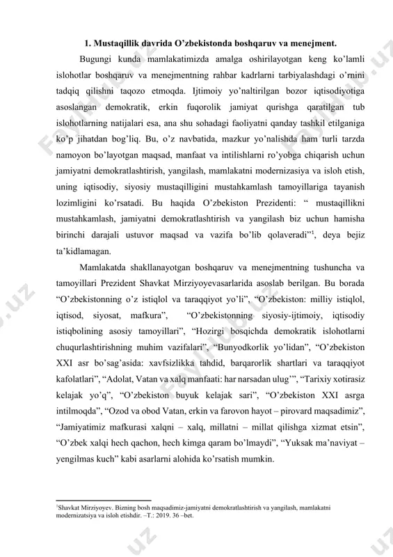 did, barqarorlik shartlari va taraqqiyot kafolatlari”, “adolat, vatan va xalq manfaati: har narsadan ulug’”, “tarixiy xotirasiz kelajak yo’q”, “o’zbekiston buyuk kelajak sari”, “o’zbekiston xxi asrga intilmoqda”, “ozod va obod vatan, erkin va farovon hayot – pirovard maqsadimiz”, “jamiyatimiz mafkurasi xalqni – xalq, millatni – millat qilishga xizmat etsin”, “o’zbek xalqi hech qachon, hech kimga qaram bo’lmaydi”, “yuksak ma’naviyat – yengilmas kuch” kabi asarlarni alohida ko’rsatish mumkin. o’zbekiston respublikasi prezidenti shavkat mirziyoyevning 2003 yil 9 dekabrdagi “respublika davlat boshqaruvi organlari tizimini takomillashtirish to’g’risida”gi hamda 2003 yil 22 dekabrdagi “xo’jalik boshqaruvi organlari tizimini takomillashtirish to’g’risida”gi farmonlari bu boradagi muammolarni hal etishni nazarda tutib, jamiyatdagi ma’muriy islohotlarning yangi bosqichini boshlab berdi. birinchidan, bu – iqtisodiyotni boshqarishda davlat rolining keskin qisqarishi, davlat tuzilmalarining xo’jalik yurituvchi sub’ektlari faoliyatiga asossiz aralashuviga chek qo’yishdir. ikkinchidan, bu – respublika darajasidagi vakolatlarning bir qismini mahalliy boshqaruv organlariga o’tkazilishi demakdir. uchinchidan, bu – boshqaruv tizimini optimallashtirish, boshqaruvga oid vazifalarning takrorlanishiga …