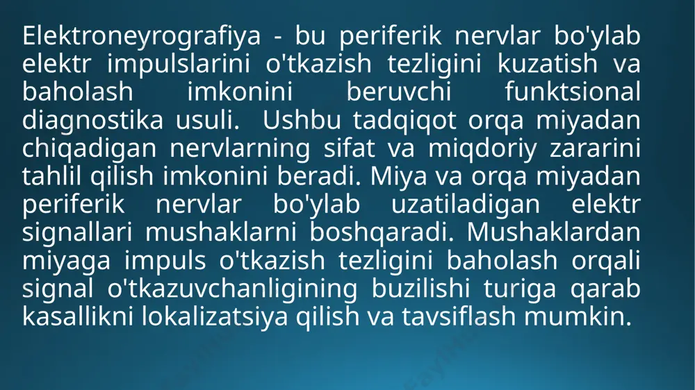 qimalarining ritmik yoki maksimal stimulyatsiyasini qo'llash bilan teri va igna elektrodlarini qo'llashni o'z ichiga oladi. elektroneyrografiyaga qarshi ko'rsatmalar tadqiqotga to'g'ridan-to'g'ri kontrendikatsiya ruhiy kasalliklar, epilepsiya, angina pektorisi, o'rganilayotgan hududdagi har qanday etiologiyaning terining shikastlanishi va og'ir gipertenziya bo'ladi. ushbu turdagi tashxis yurak stimulyatori bo'lgan odamlar uchun tavsiya etilmaydi. elektroneyrografiyaning asoratlari elektroneyrografiya har qanday nerv shikastlanishi yoki shikastlanishini istisno qiladigan xavfsiz tadqiqot turidir. tashxisda qo'llaniladigan elektr signalining kuchi shunchalik ahamiyatsizki, u bemorning sog'lig'iga hech qanday xavf tug'dirmaydi. xulosa: xulosa qilib aytadigan bo’lsak elektroneyrografiya periferik nervlar bo'ylab elektr impulslarini o'tkazish tezligini kuzatish va baholash imkonini beruvchi funktsional diagnostika usuli bolib neyropatiya turli xil etiologiyalarning o'tmishdagi kasalliklari davolashda keng qo’llaniladi. foydalanilgan adabiyotlar: 1.hounsfield g. n. // nobel lectures in physiology or medicine 1971—1980. 2.world scientific publishing co., 1992. — p. 568—586 3.вайнберг э. и., клюев в. в., курозаев в. п. промышленная рентгеновская вычислительная томография // приборы для неразрушающего контроля материалов и изделий: справочник / …