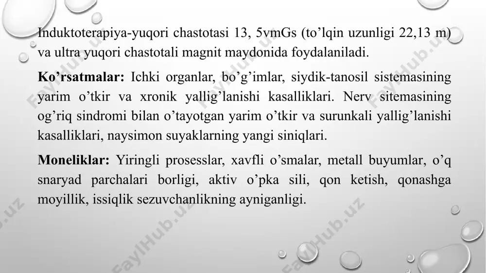 davo kursi kunora 10-20 marta 20-30 minut muolajadan so’ng bemor dam olishi kerak. elektr bilan uxlatish muolajasini otkazish tartibi. elektroson-4, elektroson-3 ko'rsatma: gipertoniya, miya tomir sklerozi, me'da yara kasalligi,uyqusizlik,asab tizimi qo’zg’aluvchanligi. monelik:o’sma kasalliklari,qon sistemasi kasalliklari,elektr tokiga sezuvchanlik aigoritm: muolaja qorong'i va shovqin kirmaydigan tinch xonada o'tkaziladi. impulslar chastotasi 5-7 kuchi 15 ta keladigan tok bilan kun ora o'tkaziladi. bemor yotqiziladi. apparat plastinkasi boshiga kiydiriladi. 5. muolaia 20-60 minut o'tkaziladi. davo kursi 20 ta. magnitoterapiya muolajasini o’tkazish tartibi. 200 ml suv,solenoid apparati,choyshab 1.muolajadan oldin hujayralarni tozalash uchun 200 ml ozgina iliq suv ichish tavsiya etiladi. 2.muolaja solenoid apparati bilan jihozlangan maxsus divanda amalga oshiriladi. 3. bemor divanda yotadi, shifokor eng samarali ta'sir qilish uchun muammoli joylarga magnit kamarlarni o'rnatadi. 4.fizioterapevt davolovchi shifokorning yo'nalishida ko'rsatilgan kasallik va davolash sohasiga qarab dasturni individual ravishda tanlaydi. 5.qurilmani yoqgandan so'ng magnit maydon paydo bo'ladi, uning harakati 4 sm chuqurlikka cho'ziladi. 6.harakatlanuvchi turdagi solenoid barcha maydonlarni …