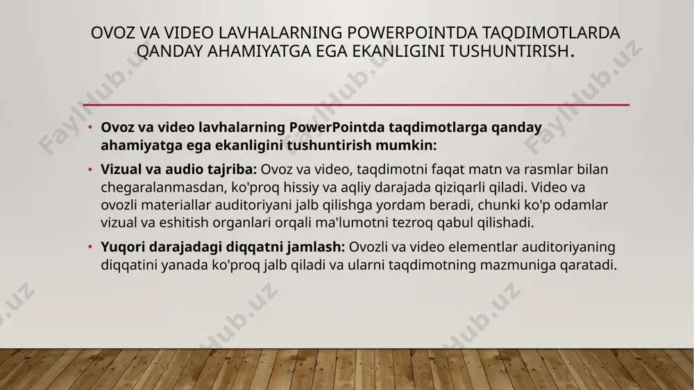 i slaydda ko'rsatiladi. 1.2 internetdan video qo'shish powerpointda internetdan video qo'shish uchun, masalan, youtube’dan video qo’shish uchun "online video" opsiyasidan foydalanish mumkin. video url manzilini kiriting va video slaydda paydo bo'ladi. 1.3 drag-and-drop usuli kompyuteringizdagi video faylini powerpoint slaydiga oddiygina tortib qo'ying. powerpoint avtomatik ravishda video faylini slaydda joylashtiradi. videoni slaydda joylashtirish videoni slaydda joylashtirish video o'lchamini sozlaganingizdan so'ng, uni slaydda to'g'ri joylashtirish kerak. video joylashuvi va pozitsiyasi taqdimotning umumiy dizayniga mos kelishi muhimdir. 3.1 video joylashuvini sozlash video o'lchamini o'zgartirgandan so'ng, uni slaydning kerakli joyiga ko'chiring. video ustiga bosib ushlab, uni slaydda yuqori, pastki, o'ng yoki chap tomonga joylashtirishingiz mumkin. slaydning markaziga joylashtirish uchun videoni olib borib, slayd markazida avtomatik ravishda joylashishini kuting. 3.2 teng ravishda joylashtirish agar video bir nechta slaydlarda takrorlanadigan bo'lsa, uning joylashuvini har bir slaydda bir xil qilish uchun "align" (tenglashtirish) funksiyasidan foydalanishingiz mumkin. bu yordamida video har bir slaydda to'g'ri va simmetrik joylashadi. e`tiboringiz …