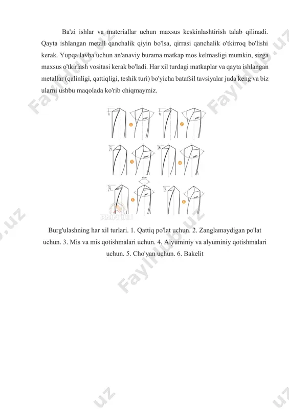 leme bilan jihozlangan, shundan so'ng mexanizm to'xtaydi. burg'ulash jarayonida chiplarni olib tashlash uchun ishni bir necha marta to'xtatish kerak bo'lishi mumkin. murakkab shakldagi teshiklar ishlov beriladigan qismning chetida (yarim) joylashgan teshiklar ikkita ish qismini yoki ish qismini va qistirmani yuzlari bilan ulash va tirgak bilan qisish va to'liq teshikni burg'ulash orqali amalga oshirilishi mumkin. shlangi ishlov beriladigan qism bilan bir xil materialdan tayyorlanishi kerak, aks holda matkap eng kam qarshilik yo'nalishi bo'yicha "ketadi". burchakdagi teshik (prokat shaklidagi metall) ishlov beriladigan qismni o'rindiqda mahkamlash va yog'och qistirma yordamida amalga oshiriladi. silindrsimon ish qismini tangensial ravishda burg'ulash qiyinroq. jarayon ikkita operatsiyaga bo'linadi: teshikka perpendikulyar platformani tayyorlash (frezalash, frezalash) va burg'ulashning o'zi. burchakda joylashgan sirtlarda burg'ulash teshiklari ham saytni tayyorlash bilan boshlanadi, shundan so'ng samolyotlar orasiga yog'och qistirma qo'yiladi, uchburchak hosil qiladi va burchak orqali teshik ochiladi. bo'shliq qismlar burg'ulashadi, bo'shliqni yog'ochdan yasalgan mantar bilan to'ldiradi. bosqichli teshiklar ikkita texnika yordamida ishlab chiqariladi: …
