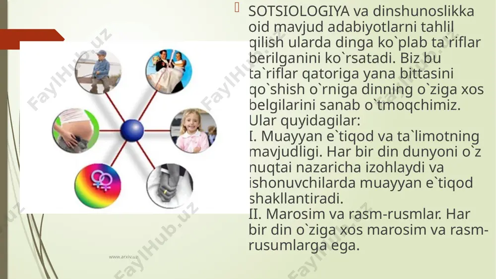 ik munosabatlarning rivojlanishiga kuchli turtki berdi. veber talqinida, protestantlik kapitalizm vujudga kelishidagi asosiy sabablardan biri edi. veber izdoshlari uning fandagi xizmatlarini ko`klarga ko`tarib maqtashdi. uning xizmatlarini e`tirof etish bilan birga, shuni ham ta`kidlash lozimki, u iqtisodiy taraqqiyotga faqat bir diniy mazhab-protestantlikning o`tkazgan ta`sirini keng tadqiq qildi. www.arxiv.uz dinlarini tahlil qilar ekan, m. veber ular sanoat kapitalizmi rivojlanishiga іov bo`lmoqda, degan xulosaga keldi. moliyaviy munosabatlarga cheklovlar qo`yish, ijtimoiy hayotga passiv munosabatni tarіib qilish orqali bu dinlar, veber fikricha, ijtimoiy taraqqiyotga to`sqinlik qiladi. uning talqinida xristian dini, ayniqsa protestantlik mazhabi hayotdagi adolatsizlikni passiv kuzatib o`tirmay, uni bartaraf qilish uchun faol kurashga chaqirish orqali ijtimoiy taraqqiyotga katta turtki beradi. www.arxiv.uz фойдаланилган адабиётлар [1] каримов и. юксак маънавият – енгилмас куч. –т.: маънавият. 2008. –б. 36. [2] словарь иностранных слов. 12-е изд., стереотип. –м.: с. 48 рус. яз., 1985. –с. 518. [3] solderblom n. das wetter des gottesglaube. berlin, 1926. s. 162. [4] хонигсгейм …