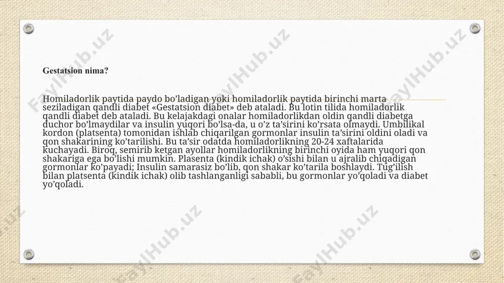 t ham o‘tib ketadi. reproduktiv yoshdagi barcha ayollaming 0,3% qandli diabet bilan og‘riydi, shulardan 0,2-0,3% homilador ayol homiladorlikdan awal qandli diabetga chalingan, 1-5% homiladorlarda esa gestatsion diabet yoki haqiqiy qandli diabet namoyon bo‘ladi. 2% ayolda gestatsion diabet rivojlanishiga olib keluvchi omillaming kamida bittasi mavjud bo‘ladi: - metabolik sindrom; - yaqin qarindoshlar ichida 2-tur diabet; - qayta glyukozuriya; - gidramnion va yirik homila; - 4000 g dan ortiq bola yoki o‘lik tug‘ilgan bola; - yoshi 30 dan oshgan bo‘lsa. gestatsion diabetning sabablari gestatsion diabetning aniq sababi noma’lum bo’lib qolmoqda, ammo uning rivojlanishiga bir qancha omillar yordam berishi mumkin. homiladorlik davridagi gormonal o’zgarishlar tananing qon shakarini samarali qayta ishlash qobiliyatiga to’sqinlik qilishi mumkin, bu esa yuqori darajaga olib keladi. homiladorlikdan oldin ortiqcha vaznga ega bo’lgan yoki prediabet bilan og’rigan ayollar bu holatni rivojlanish ehtimoli ko’proq. . xavfli tomonlari chaqaloq uchun potentsial xavflar haddan tashqari tug’ilish vazni: yuqori qon shakar normaldan kattaroq chaqaloqqa …