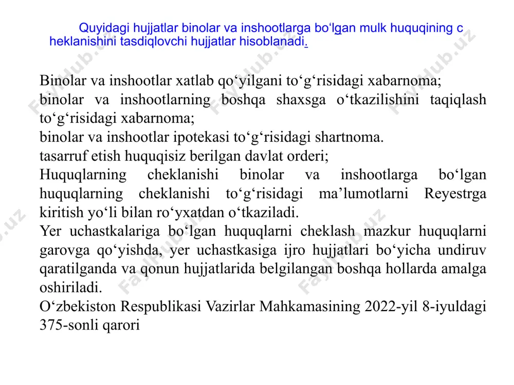 va sifat xisoblarini yuritish bino va inshootlar kadastri ma’lumotlarini to`plash, bir tizimga keltirish, qayta ishlash va yangilab turish bino va inshootlarni sifat jixatidan xisob kilishning asosiy vazifasi - bino va inshootlarni qurilish materiallari, kapitalligi, moddiy va ma’naviy eskirishi nuqtai nazarlardan ob’ektlarga sifat tavsifnomasini berishdan iboratdir. kuchmas mulklarni baholash- bu bugungi bozor munosabatlari sharoitlaridan kelib chiqqan holda kuchmas mulk bozori qatnashchilari tomonidan mavjud tamoyillar asosida bino va inshootlarni iqtisodiy qiymatini aniqlashdan iborat. bino va inshootlar davlat kadastrini yuritish davlat yer kadastrini yuritish singari ma’lum bir tamoyillarga asoslanadi. bunday tamoyillarga quyidagilarni kiritish mumkin: markazlashagan raxbarlik kadastr ma’lumotlarini qayta ishlash va taqdim etishning birligi ma’lumotlarni to`ldirish va yangilanib turishni uzluksizliligi kadastr ma’lumotlarini ob’ektivligi, to`laligi va xaqqoniyligi kadastr tizimini yer kadastri asosida shakllanishi o‘zbekiston respublikasi vazirlar mahkamasining qarori, 22.08.2022 yildagi 468-son boshqa shaxsga o‘tkazish taqiqlab yoki xatlab qo‘yilgan mol-mulklar elektron ma’lumotlar bankini shakllantirish, yuritish va undan foydalanish to‘g‘risidagi nizomni tasdiqlash haqida yer uchastkalariga bo‘lgan …