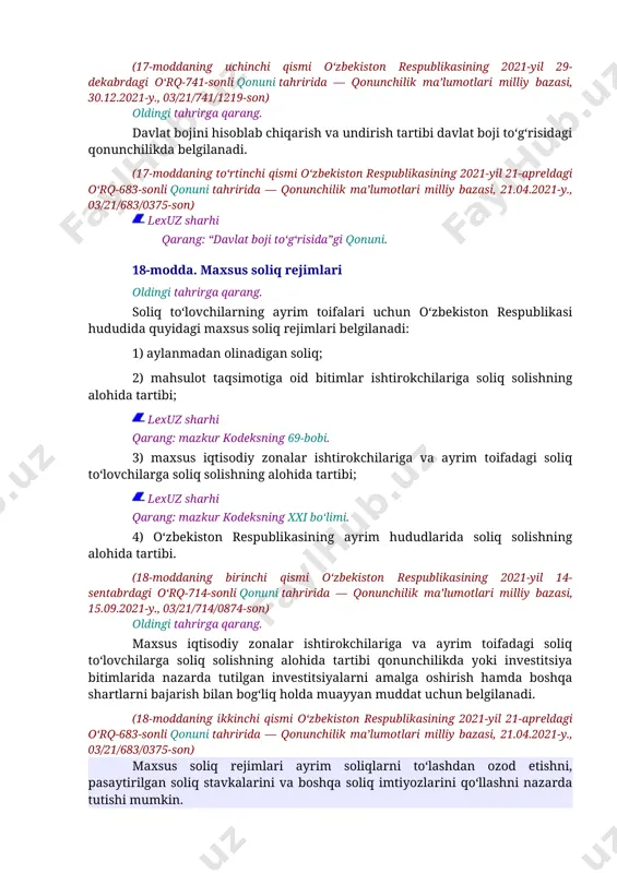 toifalari uchun o‘zbekiston respublikasi hududida quyidagi maxsus soliq rejimlari belgilanadi: 1) aylanmadan olinadigan soliq; 2) mahsulot taqsimotiga oid bitimlar ishtirokchilariga soliq solishning alohida tartibi; lexuz sharhi qarang: mazkur kodeksning 69-bobi. 3) maxsus iqtisodiy zonalar ishtirokchilariga va ayrim toifadagi soliq to‘lovchilarga soliq solishning alohida tartibi; lexuz sharhi qarang: mazkur kodeksning xxi bo‘limi. 4) o‘zbekiston respublikasining ayrim hududlarida soliq solishning alohida tartibi. (18-moddaning birinchi qismi o‘zbekiston respublikasining 2021-yil 14-sentabrdagi o‘rq-714-sonli qonuni tahririda — qonunchilik ma’lumotlari milliy bazasi, 15.09.2021-y., 03/21/714/0874-son) oldingi tahrirga qarang. maxsus iqtisodiy zonalar ishtirokchilariga va ayrim toifadagi soliq to‘lovchilarga soliq solishning alohida tartibi qonunchilikda yoki investitsiya bitimlarida nazarda tutilgan investitsiyalarni amalga oshirish hamda boshqa shartlarni bajarish bilan bog‘liq holda muayyan muddat uchun belgilanadi. (18-moddaning ikkinchi qismi o‘zbekiston respublikasining 2021-yil 21-apreldagi o‘rq-683-sonli qonuni tahririda — qonunchilik ma’lumotlari milliy bazasi, 21.04.2021-y., 03/21/683/0375-son) maxsus soliq rejimlari ayrim soliqlarni to‘lashdan ozod etishni, pasaytirilgan soliq stavkalarini va boshqa soliq imtiyozlarini qo‘llashni nazarda tutishi mumkin. soliq …