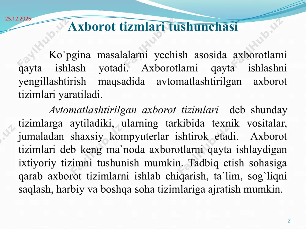 tushuncha yoki jarayondir. ma’lumot – bu uni ma’nosiga e’tibor bermay qaraladigan ixtiyoriy simvollar to‘plamidir. o‘zaro bog‘langan ma’lumotlar ma’lumotlar tizimi deyiladi. barcha ob’ektlar atributlari bilan xarakterlanadi. masalan, ob’yekt sifatida fakultet, kutubxona, kompyuter va boshqalarni qarash mumkin. 4 15.03.2019 4 jumladan, kompyuter ob’ektini atributlari sifatida hisoblash tezligi, operativ xotira xajmi, o‘lchamlari va boshqalarni ko‘rish mumkin. atributlarda saqlanadigan xabarlar ma’lumotlarni qiymatlari deyiladi. ma’lumotlarni nomlangan eng kichik birligi ma’lumot elementidir. u ko‘pincha maydon deb aytiladi va bayt va bitlardan tashkil topadi. ma’lumotlar agregati ma’lumot elementini nomlangan to‘plamidir. mb administratori deyilganda birorta shaxs yoki bir necha shaxslardan iborat bo‘lgan va mb ni loyihalash, uzatish va samarador ishlashini ta’minlovchidir. 5 15.03.2019 5 ma`lumotlar bazasi ma`lumotlar bazasi – ma`lum masalaga yoki biror faoliyatga taalluqli o`zaro bog`langan va alohida ko`rinishda tashkil etilgan ma`lumotlar. mb ma`lumotlarini xususiyatlari: to`liqlik; aktuallik; qulaylik; to`g`ri tashkil etish. ma`lumotlar banki - bir nechta mb, texnik vosita va dastur ta`minotidan iborat avtomatlashtirilgan tizim. 6 ma`lumotlar …