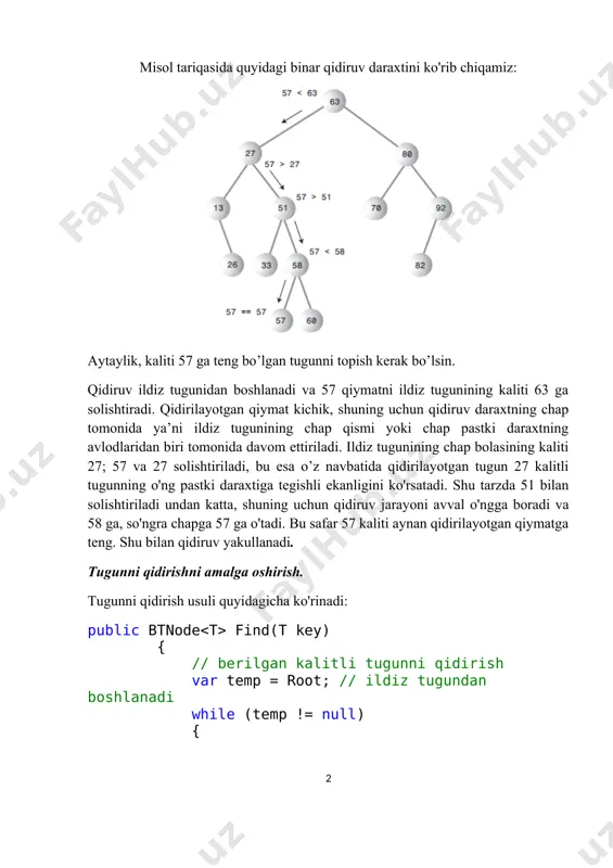 t == 0) return; if (result node = find(data); if (node == null) { return; } //agar tugun avlod tugunga ega bo’lmasa uni o’chirish mumkin if (node.left == null && node.right == null) { if (node.nodeside == side.left) { node.parent.left = null; } else { node.parent.right = null; } return; } // agar chap bola tugun yo’q bo’lsa, u xolda //o’ng bola tugun o’chirilgan tugun o’rniga qo’yiladi if (node.left == null) { if (node.nodeside == side.left) { node.parent.left = node.right; } else { node.parent.right = node.right; } node.right.parent = node.parent; return; } //agar o’ng bola tugun yo’q bo’lsa, u xolda chap //bola tugun o’chirilgan tugun o’rniga qo’yiladi if (node.right == null) { if (node.nodeside == side.left) { node.parent.left = node.left; } else { node.parent.right = node.left; } node.left.parent = node.parent; return; } //agar ikki bola tugun ham mavjud bo’lsa, //o’ng bola tugun o’chiriladigan tugun o’rniga //chap bola tugun esa o’ng …