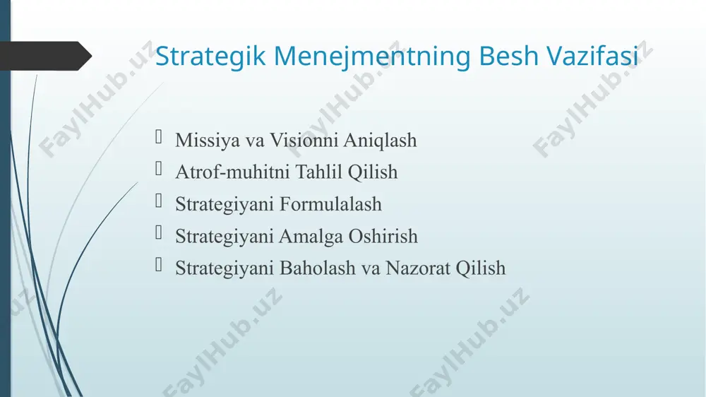 shi: sektor o'zgarishi yoki yangi raqobatchilarning kirishi. misol: elektronika sanoatida apple, samsung va sony kabi katta raqobatchilar o'rtasidagi raqobat. 2. yangi kiruvchilar tahdidi ta'rif: bozorga yangi kiruvchilar kirishi ehtimoli va bu kirishning mavjud kompaniyalar uchun qanchalik xavf tug'dirishi. omillar: kirish to'siqlari: bozorga kirishning qanchalik qiyinligi (masalan, yuqori boshlang'ich xarajatlar, patenta huquqlari). bozor o'lchami: yangi kiruvchilar uchun bozor o'lchami va o'sish potentsiali. ta'minotchilar va xaridorlarning kuchi: kiruvchilar uchun mavjud bo'lgan imkoniyatlar va mavjud kompaniyalarga ta'siri. misol: internet savdo bozorida yangi onlayn do'konlarning kirishi va mavjud kompaniyalarga ta'siri. 3. almashtirish tahdidi ta'rif: mijozlarning hozirgi mahsulot yoki xizmatni boshqa mahsulot yoki xizmatga almashtirish imkoniyati. omillar: almashtirishning osonligi: mijozlar uchun mahsulotni yoki xizmatni almashtirishning osonligi. narx va sifati: almashtiriladigan mahsulot yoki xizmatning narxi va sifati. mijozlar xohishlari: mijozlarning yangi mahsulotlarga yoki xizmatlarga bo'lgan qiziqishi. misol: mobil telefonlar bozorida bir brendning telefonini boshqasiga almashtirish. 4. ta'minotchilar kuchlari ta'rif: ta'minotchilar o'z mahsulot yoki xizmatlarini kompaniyalarga qanday …