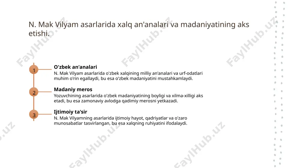 bu janrda yangi avlodlarni ilhomlantiradi. foydalanilgan adabiyotlar 1. m. usmanov. n. mak vilyam va o'zbekiston adabiyoti. o'zbekiston milliy universiteti, 2021 2. sh. abdullaeva. ta'lim va madaniyat: n. mak vilyamning ta'siri. o'zbekiston ta'limi, 2020 3. r. tashkentova. o'zbek madaniyatidagi n. mak vilyam merosi. adabiyotshunoslik, 2022 4. f. karimov. o'zbekiston ta'lim tizimidagi o'zgarishlar va n. mak vilyam. ta'lim va rivojlanish, 2023 5. l. qodirova. n. mak vilyamning adabiyotga qo'shgan hissasi. adabiy meros, 2019 e'tiboringiz uchun rahmat! /docprops/thumbnail.jpeg