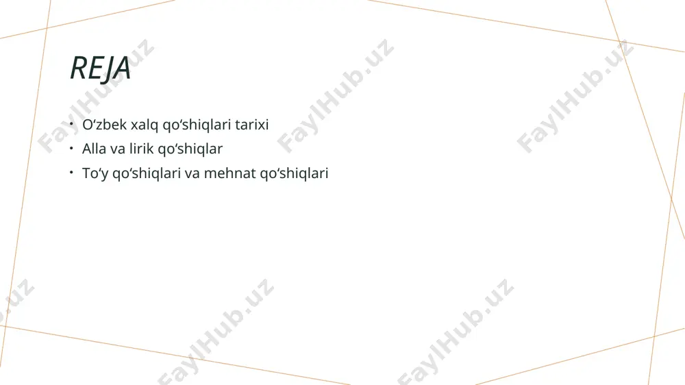 i platformalar orqali tarqatiladi. 3 yoshijad musiqachilar yosh musiqachilar xalq qo‘shiqlarini o‘z uslublariga moslashtirib ijro etishmoqda, bu esa an'anaviy va zamonaviy musiqani birlashtiradi. 4 madaniy miras xalq qo‘shiqlari madaniy meros sifatida saqlanib qolmoqda, ularning zamonaviy talqinlari esa milliy identitetni mustahkamlashda muhim ahamiyatga ega. o‘zbek allalarining tarixi va ahamiyati. 1 o‘zbek allalarining tarixi o‘zbek allalari qadimdan mavjud bo‘lib, bolalar tarbiyasida muhim rol o‘ynaydi. ular xalq an'analarini va qadriyatlarini yodda saqlashga yordam beradi. 2 madaniy ahamiyati allalar o‘zbekistonda madaniy meros sifatida muhim ahamiyatga ega. ular xalqning ruhiyatini, tarixini va tilini ifodalaydi, kelajak avlodlarga o‘tkazadi. 3 zamonaviy talqinlar bugungi kunda allalar zamonaviy musiqiy uslublar bilan birgalikda ijro etilmoqda. bu, an'anaviy qo‘shiqlarni yangi avlodga yetkazish yo‘lida muhimdir. lirik qo‘shiqlarda sevgi va his-tuyg'ular ifodasi. lirik qo‘shiqlarda sevgi va his-tuyg'ular chuqur ifodalanadi. bu qo‘shiqlar inson qalbining nozik hislarini, romantik tuyg'ularni va hayotiy tajribalarni aks ettiradi. o‘zbek lirik qo‘shiqlari sevgi, sadoqat va umid mavzularini o‘z ichiga oladi. …