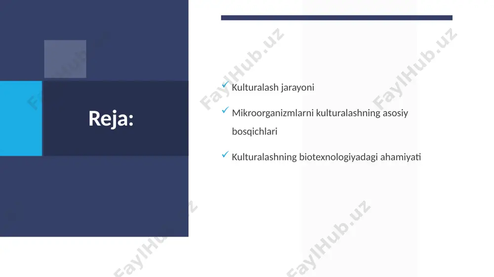 sqichlari mikroorganizmlar tanlovi va tayyorlanishi ozuqa muhitini tayyorlash fermentatsiya jarayoni mahsulotni ajratib olish va tozalash mahsulotni sintez qilish va qayta ishlash 6 mikroorganizmlar tanlovi va tayyorlanishi: maqsadli mahsulot ishlab chiqarish uchun mos mikroorganizmlar tanlanadi va ulardan sof kultura olinadi. bu bosqichda mikroorganizmlarning faolligini ta’minlash uchun ularning xususiyatlari va optimal o‘sish sharoitlari o‘rganiladi. ozuqa muhitini tayyorlash: mikroorganizmlarning o‘sishi uchun zarur bo‘lgan ozuqa moddalar, masalan, karbon, azot, vitaminlar va minerallar bilan boyitilgan muhit tayyorlanadi. ozuqa muhiti mikroorganizmlarning tez va samarali ko‘payishini ta’minlaydi. fermentatsiya jarayoni: mikroorganizmlar fermenter deb ataladigan maxsus reaktorlarda ko‘paytiriladi. fermentatsiya jarayoni davomida harorat, ph, kislorod miqdori va aralashtirish kabi omillar kuzatiladi va boshqariladi. bu jarayon mikroorganizmlarning optimal o‘sishi va maqsadli mahsulot ishlab chiqarishini ta’minlaydi. mahsulotni ajratib olish va tozalash: fermentatsiya jarayonida hosil bo‘lgan mahsulot mikroorganizmlar massasidan ajratib olinadi va tozalanadi. bu bosqichda filtratsiya, santrifugatsiya, xromatografiya va boshqa texnikalar qo‘llanadi. . kulturalashning biotexnologiyadagi ahamiyati: tibbiyot antibiotik,vaksina fermentlar ishlab chiqarishda qo’llaniladi. oziq-ovqat …
