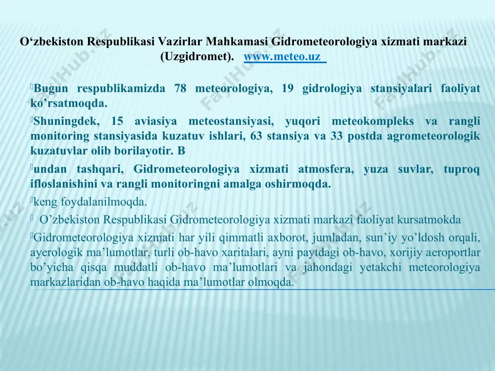 i meteorologik elementlarning majmuasi (havo temperaturasi, namligi, shamol tezligi va yo’nalishi, bulutlilik, atmosfera tiniqligi, yog’inlar) bilan tavsiflanadi. agar bu meteorologik elementlardan birortasi o’zgarsa, ob-havo ham o’zgaradi. ammo meteorologik elementlarning har biri muhit omillari sifatida alohida ahamiyatga ega va o’simlik hayotida ular bir-birining o’rnini bosa olmaydi. shuning uchun meteorologik omillarning har birini uzluksiz ravishda kuzatib borish kerak. bunday kuzatish ishlari zarur asbob-uskunalar bilan jihozlangan meteorologik stansiyalar va postlarda olib boriladi. agrometeorologik stansiyalar va postlarda asosiy meteorologik kuzatishlardan tashqari yilning issiq davrlarida qo’shimcha ravishda quyidagi kuzatishlar ham olib boriladi: haydalgan tuproq qatlamining temperaturasi ; ekinzorlarga yoqqan yog’inlar miqdori; tuproqning ustki qatlamlari namligi (vizual kuzatishlar); tuproqning o’simlik ildizi oziqlanadigan qatlamlari namligi; ekinlarning rivojlanishi fazalari; ekinlarning holati: qalinligi, balandligi, sho’rlanish va noqulay meteorologik hodisalar ta’sirida zararlanishi, yotib qolishi va boshqalar; ekinlarning holatini miqdor jihatdan baholash; ekinlarning biologik hosildorligi; dalada agrotexnik tadbirlarning o’tkazilish muddatlari va sifati aniqlab boriladi. bundan tashqari agrometeorologik stansiyalarda yilning sovuq paytlarida …