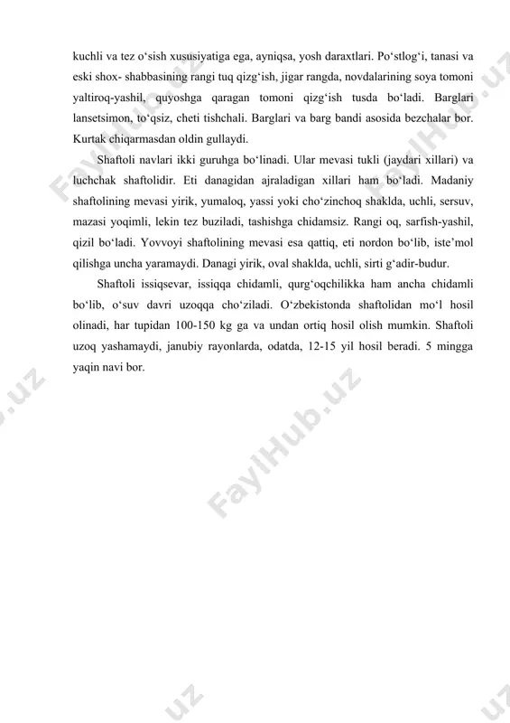 adi. ko‘plab novdalar chiqarish, kuchli va tez o‘sish xususiyatiga ega, ayniqsa, yosh daraxtlari. po‘stlog‘i, tanasi va eski shox- shabbasining rangi tuq qizg‘ish, jigar rangda, novdalarining soya tomoni yaltiroq-yashil, quyoshga qaragan tomoni qizg‘ish tusda bo‘ladi. barglari lansetsimon, to‘qsiz, cheti tishchali. barglari va barg bandi asosida bezchalar bor. kurtak chiqarmasdan oldin gullaydi. shaftoli navlari ikki guruhga bo‘linadi. ular mevasi tukli (jaydari xillari) va luchchak shaftolidir. eti danagidan ajraladigan xillari ham bo‘ladi. madaniy shaftolining mevasi yirik, yumaloq, yassi yoki cho‘zinchoq shaklda, uchli, sersuv, mazasi yoqimli, lekin tez buziladi, tashishga chidamsiz. rangi oq, sarfish-yashil, qizil bo‘ladi. yovvoyi shaftolining mevasi esa qattiq, eti nordon bo‘lib, iste’mol qilishga uncha yaramaydi. danagi yirik, oval shaklda, uchli, sirti g‘adir-budur. shaftoli issiqsevar, issiqqa chidamli, qurg‘oqchilikka ham ancha chidamli bo‘lib, o‘suv davri uzoqqa cho‘ziladi. o‘zbekistonda shaftolidan mo‘l hosil olinadi, har tupidan 100-150 kg ga va undan ortiq hosil olish mumkin. shaftoli uzoq yashamaydi, janubiy rayonlarda, odatda, 12-15 yil hosil beradi. …