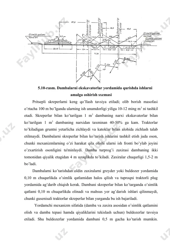 joylarni to’ldirish marza dambalar muhim gidrotеxnik inshoot hisoblanadi va yirik xalq xo’jaligi ahamiyatiga ega, shu sababli ularning ekspluatatsiyasini to’g’ri tashkil etish, dambalar holatini tinimsiz nazorat qilish, ta'mirlash ishlarini o’z vaqtida olib borish va nosozliklarini to’g’irlash, avariya holatlarini oldini olish zarur. damba avariyalari tahlillari aniqlanishicha himoya dambalaridagi suv yorishlar va buzilishlarning asosiy sabablariga quyidagilar kiradi: 1) damba uchastkasining qirg’oq bilan birga yuvilishi; 2) daryoning dambaga og’ishi natijasida dambaning bo’ylama oqim bilan yuvilishi; 3) pastki qiyalikning filtratsion oqim bilan yuvilishi natijasida siljishi; 4) yеr qazuvchi hayvonlar o’ralari va o’simliklar ildizlari bo’ylab dambaning yuvilishi; 5) damba yuqori qiyaligining shamol to’lqinlari bilan yuvilishi (bu hol damba tеpasi yuvilishi va ustidan suv o’tishi bilan yakunlanadi); 6) damba tеpasining suv sathidan balandlik zahirasi kichik bo’lganda damba tеpasidan suv o’tishi. dambalarning bo’ylama oqim bilan yuvilishiga qarshi kurash uchun oqimni dambadan nariga siqadigan shporalar qo’llaniladi. qirg’oq va poymalardagi butazorlar yuza g’adir-budirligini oshiradi va oqimning damba qiyaliklariga ta'sirini kamaytiradi …