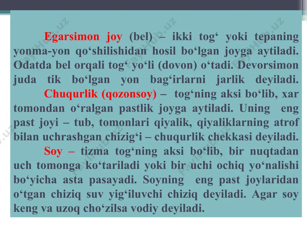 i shartlarga rioya qilinadi: 1.gorizontallar – yopiq yoki ochiq egri chiziqlardan iborat bo’lib, ular hech qachon bir – biri bilan kesishmaydi. 2.gorizontallar oralig’ining katta yoki kichik bo’lishi yon bag’irlarning qiyaligini ko’rsatadi, masalan: gorizontallar zich joylashgan bo’lsa, qiyalikning tikligini, aksincha, qiyalik darajasining pastligini ko’rsatadi. 3.gorizontallar oralig’i bilan qiyalikning bir – biriga bog’liq ekanligi. ikki gorizontal tekislik orasidagi vertikal masofa kesim balandligi – h; ikki nuqta orasidagi masofa, ya’ni: aa1 ning gorizontal proyeksiyasi esa, ya’ni: – d, gorizontallar oralig’i deyiladi. yonbag’ir (ab) orasidagi burchakka, ya’ni: γ – qiyalik burchagi deyiladi bu yerda: d – gorizontallar oralig’i (m), h – kesim balandligi (m), α – qiyalik burchai (gradus). topografik kartalarning masshtabiga hamda rel’yefning murakkabligiga qarab, topografik kartalar uchun turli xil kesim balandliklari qabul qilingan. kesim balandligi – 1, 2, 5 va 10 metr bo’ladi. ayrim joylarning relyefini gorizon-tallar bilan to’liq ravishda ko’rsatish mumkin bo’lmasa, yordamchi gorizontallar o’tkaziladi va ular uzuq (punktir) chiziqlar bilan …