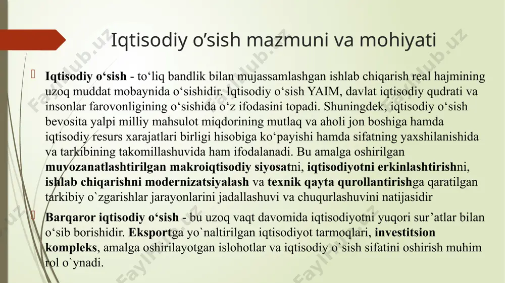 iy) jihatdan ta`minlaydi bilvosita iqtisodiy o`sish omillari talab va taqsimlash omillari kiradi bevosita iqtisodiy o`sish omillari tabiiy resurslar soni va sifati; mehnat resurslari soni va sifati; asosiy kapital hajmi; texnologiyalar va ishlab chiqarishni tashkil etish; jamiyatda tadbirkorlik malakalarining rivojlanishi darajasi. bilvosita iqtisodiy o`sish omillari -bozorning monopollashuvi darajasini pasayishi; -iqtisodiyotdagi soliq muhiti; -kredit-bank tizimi samaradorligi; -iste`mol, investitsiya va davlat xarajatlarining o`sishi; -eksport hajmining o`sishi; -iqtisodiyotda ishlab chiqarish resurslarini qayta taqsimlash imkoniyatlari; -daromadlarni taqsimlashning shakllangan tizimi. o’zbekistonda iqtisodiy o’sish bosqichlari 1. o'sishning dastlabki davri (jonlantiruvchi o’sish ) - 1996-2000 yillar. 2. yaim hajmini mustaqillikdan oldingi 1990-yil darajasiga yetkazish , iqtisodiy o‘sishni qayta tiklash davri 2001-2003 yillar 3. 2004 yil barqaror iqtisodiy rivojlanish davri va joriy davr iqtisodiy o’sish turlari vaqt bo’yicha yoki davrli iqtisodiy o’sish; takror ishlab chiqarish bosqichlari bo’yicha iqtisodiy o’sish; innovatsion iqtisodiy o’sish; ustuvor ekstensiv ustuvor intensiv iqtisodiy o’sish; tarmoqlar va sohalar bo’yicha iqtisodiy o’sish; hududlar darajasida iqtisodiy o’sish; ekstensiv …