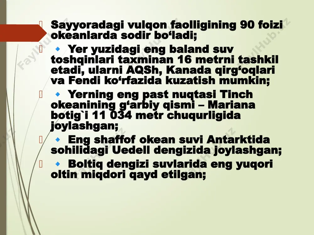 (62-65 km3 suvdan) 23-25 km3 suv zovurlar orqali ochiq suv havzalariga qaytariladi. shundan 5 km3 suv amudaryoga, 10 km3dan ziyodroq sirdaryoga, qolgan 8-10 km3 suv kichik daryolarga va ko’llarga oqizilmoqda. xalq xo’jaligining turli sohalarida suvdan foydalanish dunyo mamlakatlari o’rtasida turli ko’rsagichlariga ega. masalan, agar yevropa mamlakatlarida sanoat tarmoqlarida 48 % suv, qishloq xo’jaligida esa 39% suv sarflansa, osiyo mamlakatlarida bu ko’rsatgichlar mos ravishda 5 % va 88 % ni tashkil etadi. agar afrika mamlakatlarida sanoat tarmoqlarida 4 % suv va qishloq xo’jaligida 72 % suv sarflansa, shimoliy amerikada bu ko’rsatgichlar mos ravishda 36 % tashkil etadi suv resurslarini ifloslanishidan muhofaza qilishga qaratilgan chora-tadbirlar 1. suv resurslarini ifloslanishdan muhofaza qilish va uning dastlabki xossalarini tiklash uchun, avvalombor, 1993 yil 6 mayda qabul qilingan «suv va suvdan foydalanish to’g’risida»gi o’zbekiston respublikasining qonuni talablariga qat`iy rioya qilish zarur.( 29 bob, 119 modda) 2 . sanoat korxonalarida ilg’or texnologiyalarni joriy etish, oqova suvlar miqdorini …