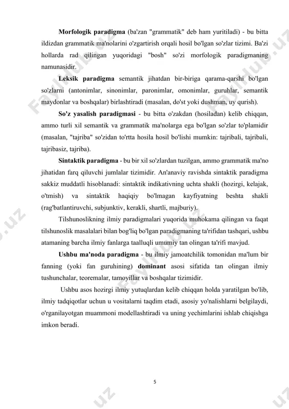 kturaga ega ekanligi, balki nur ham muayyan strukturadan tashkil topganligi ma’lum bo‘ldi. fiziologiyada i.p.pavlovning oliy asab sistemasi haqidagi ta'limotining vujudga kelishi, matematikada 30-yillarda m atem atik struktura nazariyasining, psixologiyada struktur psixologiyaning maydonga kelishi obyektga struktura sifatida yondashuvning natijasi bo‘ldi. bu davrda struktura tushunchasi barcha fanlar uchun ommaviy tushunchaga aylandi. bundan tilshunoslik ham istisno emas. ana shunday umumiy an’ana ta’sirida sistemaviy-struktur tilshunoslik maydonga keldi. barcha fanlarda struktura atamasi keng qo‘llanilayotgan bo‘lsa ham, lekin bu atama talqmida xilma-xillik vujudga keldi. ana shunday xilma-xillik tilshunoslikka ham o‘z ta’sirini ko‘rsatdi. tilshunoslikda struktura atamasi turli ma’noda talqin qilinadi. ulardan keng tarqalgani ikki xildir. b i r i n ch i s i d a struktura deganda, o‘zaro bog‘langan va shartlangan munosabatda bo‘lgan elementlardan tashkil topuvchi butunlik tushuniladi. strukturaga bunday yondashuv o ‘rganilayotgan obyektni, uni tashkil etgan elementlar o‘rtasidagi ichki aloqa va bog‘liqlikni yoritishni talab etadi. i k k i n ch i y o ‘ …