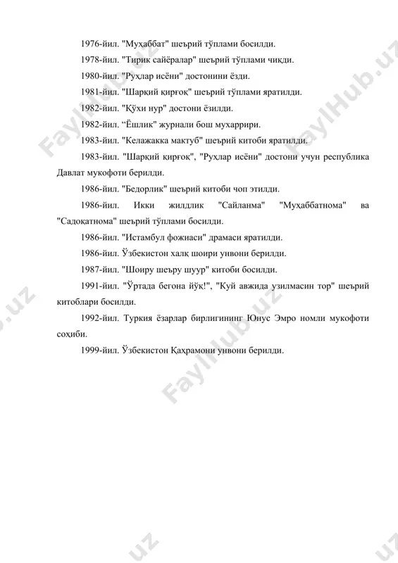 йил. ўзбекистон халқ шоири унвони берилди. 1987-йил. "шоиру шеъру шуур" китоби босилди. 1991-йил. "ўртада бегона йўқ!", "куй авжида узилмасин тор" шеърий китоблари босилди. 1992-йил. туркия ёзарлар бирлигининг юнус эмро номли мукофоти соҳиби. 1999-йил. ўзбекистон қаҳрамони унвони берилди.