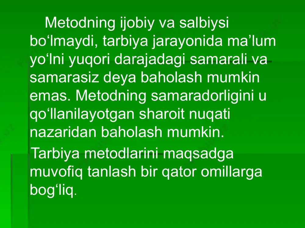 blanadi. suhbat uchun mavzu tanlashda uning mazkur sinf o‘quvchilari uchun dolzarbligi, o‘quvchilarda ma’naviy-axloqiy ishonch uyg‘otishning suhbat mazmuniga bo‘lgan munosabatlari va suhbatdan kutilayotgan natijani hisobga olish zarur. suhbat quyidagi mavzularda uyushtirilishi mumkin: a) etik mavzular (ijtimoiy ma’naviy-axloqiy me’yorlar, jamiyatda ustuvor o‘rin tutuvchi ijtimoiy munosabatlar, jamoa orasida o‘zini tutish qoidalari va boshqalar); b) estetik mavzular (tabiat go‘zalligi, shaxslararo munosabatlar, inson go‘zalligi); v) siyosiy mavzular (davlatning ichki va tashqi siyosati, dunyo voqealari, halqaro munosabatlar va boshqalar); g) ta’lim va bilishga oid mavzular (koinot, hayvonot va o‘simliklar dunyosi, elektronika va boshqalar). suhbat suhbatlarning, shuningdek, ijtimoiy-foydali mehnatni tashkil etish, huquqiy, ekologik, iqtisodiy va gigienik mavzularda ham tashkil etilishi o‘zining ijobiy natijalarini beradi. suhbat davomida o‘quvchilarga ularning o‘z fikrlarini erkin ifoda etishlari hamda mustaqil fikrlashlariga imkon beruvchi savollar bilan murojaat qilish juda muhimdir. bu borada bahs-munoazaralarning ahamiyati katta. hikoya. o‘quvchilar odatda hayot va turli adabiyotlardan olingan aniq misollar bilan boyitilgan hikoyalarni katta qiziqish bilan tinglaydilar. ularga …