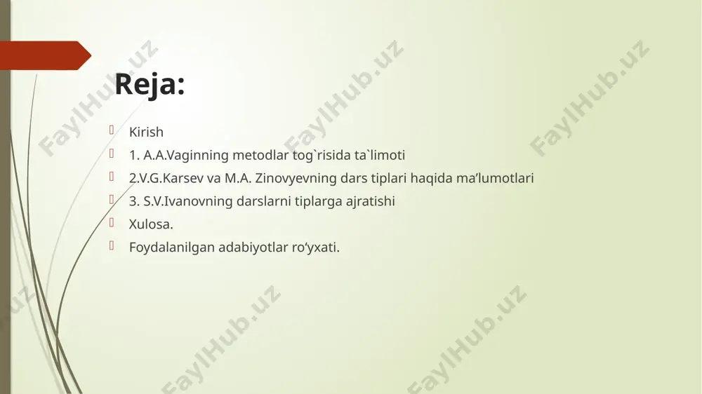 dars turlari tafsiflanishida vagin tomonidan tavsiya etigan variantlar v.g.karsev metodlar sistemasiga o‘quv harakteriga ega bo‘lgan belgilar («bayon qilish metodi”, «so‘rash metodi”) va umumiy didaktiv vazifalar («materialni o‘rganish metodi”, «mustahkamlash metodi”, «bilimni tekshirish metodi” va boshqalar) ni emas, balki o‘quvchilarning tarixiy voqealarni bilish qonuniyatlarini asos qilib oladi. metodlar haqidagi nazariyaning metodologii asosini, ya’ni jonli mushohadadan abstrakt tafakkurga va undan amaliyotga o‘tish tashkil etadi. binobarin,— deb hisoblaydi v.g.karsev,— o‘quvchilarda tarixiy tasavvur va tarixiy tushunchalarni shakllantirish metodlari haqidagi masala metodikaning markaziy masalasi bo‘lishi keraq shu asosda u, o‘quvchilarda tarixiy tasavvur va tushunchalarni shakllantirishning 4 guruhi borligini aytadi: tarixiy tasavvurlar va tushunchalarni shakllantirish metodlari umumiy tushunchalarni shakllantirish metodlari tarixiy bilimlarning hayot va amaliyotda qo‘llanilishi vaqt va fazoda tarixiy rivojlanish dialektikasini ochib berish metodlari tarixni zamonaviy voqealar bilan bog‘lash metodlari m. a. zinovyev esa o`z tadqiqotida darsning ikki turini — yangi mavzuni o`rganish darsi va takrorlash darsiga bo`ladi dars berish metodi axborot berish-bayon qilish ishontirish …