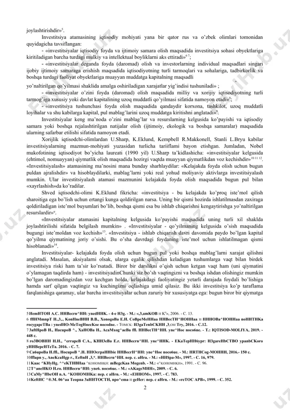r xil ko’rimshlaridagi moddiy, moliyaviy va nomoddiy boyliklarni iqtisodiy - ijtimoiy daromad olish maqsadida muomalaga kiritishdir. investitsiyalarga aniq bir ta’rif berilmagan. jumladan, prof. d. g’. g’ozibekov investitsiyalarning iqtisodiy mazmun - mohiyatini moliyaviy kategoriya sifatida talqin etib, quyidagicha ta’rif berib o’tgan: “investitsiyalarning mazmuni aniq va ishonchli manbalardan mablag’lar olish, ularni asosli holda safarbar etish, rikslar darajasini hisobga olgan holda kapital qiymatini saqlash va ko’zlangan samarani olishdan iborat bo’ladi”. [footnoteref:3] [3: g’ozibekov d.g’. investitsiyalarni moliyalashtirish masalalari. t.: “moliya” nashriyoti. 2003. 26 bet.] prof. n.h. haydarov investitsiyalar mazmun - mohiyatiga quyidagi ta’rifni beradi: “investitsiya - bu mulk shaklidan qat’iy nazar, tadbirkorlik asosida faoliyat ko’rsatayotgan jismoniy va yuridik shaxslar yoki davlatning iqtisodiy va ijtimoiy samara olish maqsadida o’z boyliklarini qonun doirasida bo’lgan har qanday tadbirkorlik obyektiga sarflashidir”.[footnoteref:4] [4: haydarov n.h. iqtisodiyotni erkinlashtirish sharoitida korxonalar investitsion faoliyatidagi moliya-soliq munosabatlarini takomillashtirish masalalari. i.f.d ilmiy darajasini olish uchun yozilgan dissertatsiya. t.: 2003. 29 b.] mahalliy iqtisodchi-olimlar tomonidan: …