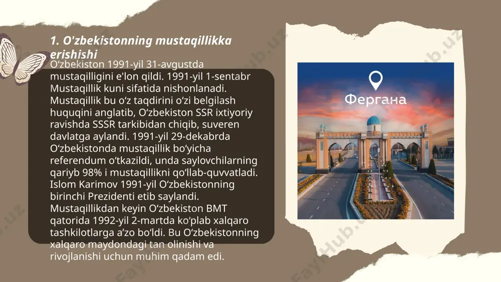 moyalar ta'lim sifatini oshirishga xizmat qilishi kutilmoqda. ... t.me/slaydai_bot sanoat innovatsiyalari zamonaviy texnologiyalar va jarayonlarni ishlab chiqarishga joriy qilishni o'z ichiga oladi. o'zbekistonda 2022 yilda sanoat mahsulotlari ishlab chiqarishi 6,5% ga oshdi. "univer-2" loyihasi doirasida qariyb 50 ta innovatsion korxona tashkil etildi. 2023 yilda o'zbekistonda sanoat texnologiyalariga 1,2 milliard aqsh dollari miqdorida investitsiya kiritilishi rejalashtirilgan. yangi texnologiyalar asosida energiya samaradorligi 30% ga oshirilmoqda. avtomobil sanoatida robotizatsiya darajasi 25% ga yetdi. 2024 yilgacha raqamlashtirish texnologiyalari 70% sanoat korxonalarida joriy etilishi maqsad qilingan. sanoat texnologiyalarini rivojlantirishda 15 ta xalqaro patent olish jarayoni davom etmoqda. ... t.me/slaydai_bot 7. qishloq xo'jalik islohotlari qishloq xo'jalik islohotlari doirasida o'zbekistonda 1990-yillardan boshlab dehqonchilik va fermer xo'jaliklariga ko'proq e'tibor qaratildi. mustaqillik yillarida yerlar xususiy qo'llarga o'tkazilib, fermerlar soni oshirildi. 2020-yilgacha fermer xo'jaliklari soni 119 mingdan ortdi. aholining 27% qishloq xo'jaligida band bo'lib, u mamlakat yalpi ichki mahsulotining qariyb 28% ini tashkil qiladi. 2019-yilda paxta eksporti 500 ming tonnani …