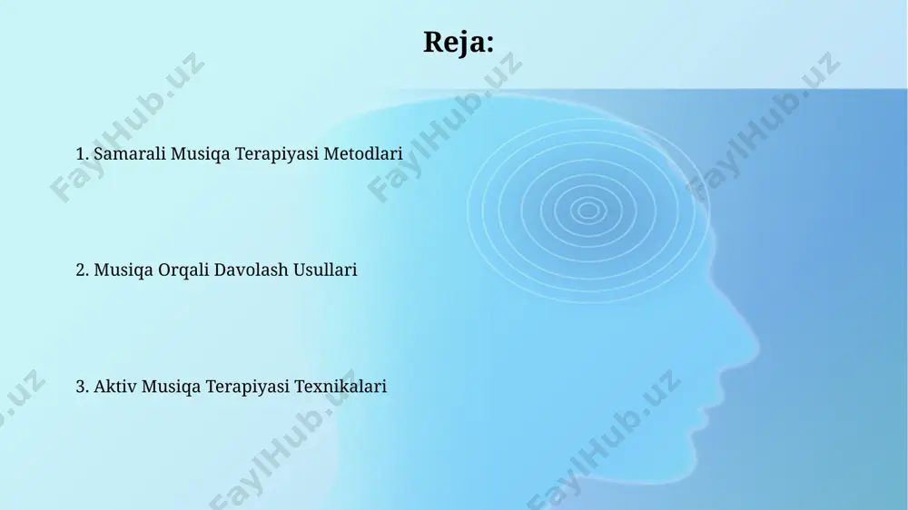 darajasini pasaytirishga yordam beradi, bu esa 10 dan ortiq sessiyadan so'ng sezilarli natijalarni ko'rsatadi. musiqa va san'at terapiyasi bilan integratsiya musiqa terapiyasi va san'at terapiyasini integratsiyasi hissiy ifodani 2-3 baravar oshirishi va 50% ga yaqin bemorlarda terapevtik natijalarni tezlashtirishi mumkin. musiqa va san'at terapiyasini birlashtirish, individual yoki guruh terapiyasi seanslarida kamida 3 ta turli xil ijod uslublarini qo'llash orqali bemorlarning ijodkorlik potentsialini ochib beradi. musiqa orqali his-tuyg'ularni ifoda etish musiqa orqali his-tuyg'ularni ifoda etishda terapevt bolaning 8 turdagi hissiy holatini aniqlash uchun 10ta musiqiy namunadan foydalanib, hissiy reaktsiyalarni kuzatadi va tahlil qiladi. musiqa terapiyasida 5 yoshdan 12 yoshgacha bo'lgan bolalar o'zlarining qo'rquv va xavotirlarini musiqa orqali ifoda etishda, ritm va melodiya yordamida 70% hollarda ijobiy natijalarga erishadilar. aktiv musiqa terapiyasi texnikalari aktiv musiqa terapiyasi davomida turli xil musiqa asboblaridan (kamida 5 ta) foydalanish, ijodiy ifodalanishni kuchaytiradi va hissiy ekspressivlikni oshiradi. aktiv musiqa terapiyasida 3-7 kishidan iborat kichik guruhlarda o‘tkaziladigan improvizatsion …