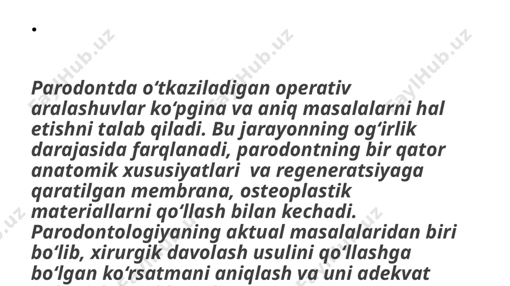 past immunogenlikni namoyon qiladi. biroq ba’zi mualliflar embrioplastning klinik amaliyotida qo‘llanilishiga salbiy qaraydilar, chunki ona qornidagi 3 oylik davrda to‘laqonli suyak materiali shakllanishga ulgurmaydi. shuning uchun 5-7 oylik homilaning suyak to‘qimasidan tayyorlangan brefoplastni qo‘llash tavsiya etiladi. brefosuyak va tog‘ay asosida “brefoosteoplast” nomini olgan transplantatsion material ishlab chiqilgan. u o‘zining plastikligi bilan ajralib turadi, bu esa yo‘qotilgan suyak hajmini ideal ravishda to‘ldirish va reparativ regeneratsiya jarayonlarini optimallashtirish imkonini beradi. biroq brefoosteoplast past biomexanik pishiqlikka ega bo‘lib, suyak ichida tezda so‘rilib ketadi. material rezorbsiyasi va suyak to‘qmasining shakllanish jarayonlarida sinxronlashuvning yo‘qligi preparatning kamchiligi hisoblanadi. . kollagen tutuvchi materiallar. yirik shoxli qoramol terisidan tayyorlangan hayvon kollageniga katta qiziqish bildiriladi. qayta ishlash jarayoni davomida issiqlik peptidlari bilan bog‘liq ravishda uning antigenlik xususiyatlari pasayadi (lekin to‘liq yo‘qolmaydi, bu esa yuqori sezgirlik reaksiyasini keltirib chiqarishi mumkin). v.s. ivanovning (1987) ta’kidlashicha, kollagen asosidagi osteoplastik materiallar (kollaost, gidroksiapol, kollapol, gapkol, linko-gap, sintost, kolap) suyak bo‘shliqlarida yaxshi modellashib, ularni …
