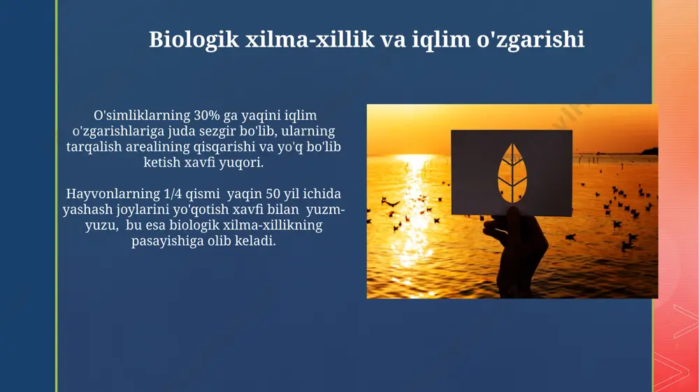 o'lamli ekologik tashabbuslar amalga oshirilishi mumkin. iqlim o'zgarishiga qarshi kurashda jamoatchilikning xabardorligi darajasini oshirish uchun o'tkazilgan 30 ta trening 1500 dan ortiq odamni qamrab oldi va ularning faol ishtirokini ta'minladi. suv resurslari va iqlim o'zgarishi qurg'oqchilik va suv toshqini kabi haddan tashqari ob-havo hodisalari sonining ortishi, suv resurslarining taqsimlanishini o'zgartirib, 15% ga yaqin suv manbalarini yo'qolishiga olib kelishi mumkin. o'rmonlarning 30% gacha qisqarishi, karbon dioksidni yutish qobiliyatini pasaytirib, iqlim o'zgarishini kuchaytiradi va bioxilma-xillikni yo'qotishga olib keladi. dengiz va okeanlarning o'zgarishi global isish tufayli okean oqimlarining buzilishi, plankton va baliq populyatsiyalarining tarqalishiga ta'sir qilib, baliqchilik va dengiz ekotizimlarining barqarorligiga salbiy ta'sir ko'rsatishi mumkin. dengiz sathining o'rtacha 20-asr oxiridan beri taxminan 20 sm ga ko'tarilgani va bu jarayon tezlashishi prognoz qilinayotgani, sohil bo'yidagi ekologik tizimlarga katta tahdid soladi. e'tiboringiz uchun rahmat @taqdimot_robot image4.jpg image5.jpg image6.jpg image7.jpg image8.jpg image9.jpg image10.jpg image11.jpg image12.jpg image13.jpg image14.jpg image15.jpg image16.jpg image17.jpg image18.jpg image19.jpg image20.jpg image2.png image3.png