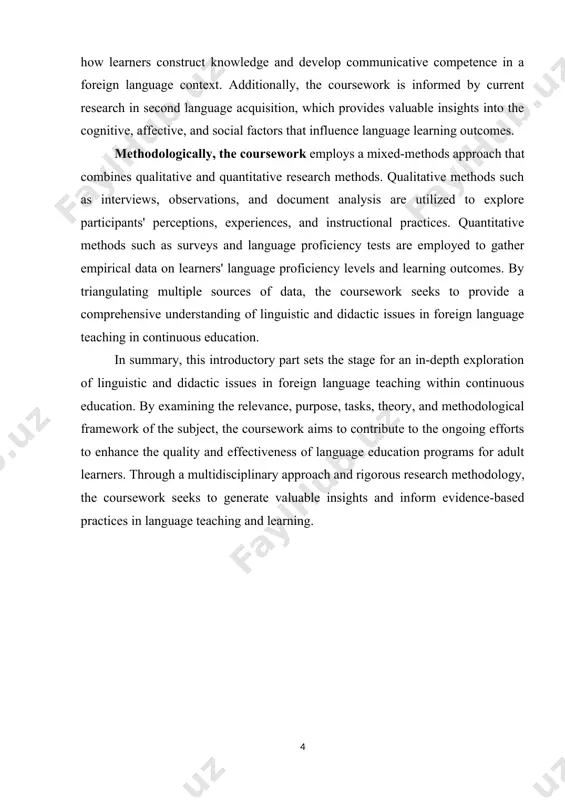 ata on learners' language proficiency levels and learning outcomes. by triangulating multiple sources of data, the coursework seeks to provide a comprehensive understanding of linguistic and didactic issues in foreign language teaching in continuous education. in summary, this introductory part sets the stage for an in-depth exploration of linguistic and didactic issues in foreign language teaching within continuous education. by examining the relevance, purpose, tasks, theory, and methodological framework of the subject, the coursework aims to contribute to the ongoing efforts to enhance the quality and effectiveness of language education programs for adult learners. through a multidisciplinary approach and rigorous research methodology, the coursework seeks to generate valuable insights and inform evidence-based practices in language teaching and learning. chapter i. integrating linguistic and didactic approaches in foreign language instruction 1.1. overview of didactic principles in language education. this topic's relevance lies in its profound impact on language teaching methodologies, curriculum …