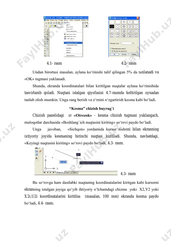 . shunda, navbatdagi, «keyingi nuqtasini kiriting» so‘rovi paydo bo‘ladi, 4.3- rasm. 4.3- rasm bu so‘rovga ham dastlabki nuqtaning koordinatalarini kiritgan kabi kursorni ekranning istalgan joyiga qo‘yib ihtiyoriy o‘lchamdagi chizma yoki x2,y2 yoki x2i,u2i koordinatalarini kiritilsa (masalan, 100 mm) ekranda kesma paydo bo‘ladi, 4.4- rasm. 4.4- rasm muloqatlar darchasida ikkinchi to‘g`ri chiziqni chizish uchun navbatdagi nuqtani kiritishni so‘raydi. bunday nuqtalarni ketma - ket kiritib, ko‘plab kesmalarni ketma - ket o‘tkazish mumkin. kesma chizish buyrug`idan chiqish uchun «enter» yoki «esc» tugmasini ketma - ket ikki marotaba yuklanadi. ikkinchi va uchinchi kesmalarni o‘tkazgach, keyingi so‘rovda, qavs ichida «zamknut» - «birlashtirish» yoki «otmenit» - «bekor qilish» qo‘shimcha buyruqlari paydo bo‘ladi, 4.5- rasm. «zamknut» - «birlashtirish» so‘zining bosh harfini terib, «enter» yuklansa, oxirgi kesma uchi birinchi kesmaning boshlang`ich nuqtasi bilan birlashib qoladi. 4.5- rasm «otmenit» - «bekor qilish» so‘zining bosh harfini terib «enter» bilan qayd etilsa, oxirgi chizilgan kesma ekrandan yo‘qoladi. bunday amallarni ketma - …