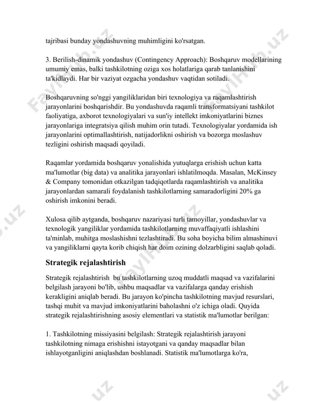 atistik ma'lumotlarga ko'ra, tashkilotlarning 70%-dan ko'prog'ida aniq belgilangan missiya va ko'rish mavjud bo'lganda, ular o'z maqsadlariga yanada muvaffaqiyatli erishadi. 2. swot tahlili: bu tahlil tashkilotning ichki kuchli va zaif tomonlarini, shuningdek, tashqi imkoniyat va tahdidlarini aniqlashni o'z ichiga oladi. ma'lumotlarga ko'ra, muvaffaqiyatli strategik rejalarni ishlab chiqishda ishtirok etgan kompaniyalarning 80% dan ortig'i swot tahlilidan foydalanadi. 3. maqsadlar va maqsadlarning aniqlanishi: strategik rejalashtirish jarayonida tashkilot aniq, o'lchanadigan, erishish mumkin bo'lgan, muvofiq va vaqtga bog'langan (smart) maqsadlarni belgilaydi. tadqiqotlar shuni ko'rsatadiki, smart maqsadlarini hisobga olgan tashkilotlar, o'z rejalari muvaffaqiyatli amalga oshirilishi ehtimoli 64% yuqoridir. 4. strategiyalarni ishlab chiqish: ushbu bosqichda tashkilot umumiy maqsadlarga erishish uchun zarur bo'lgan strategiyani ishlab chiqadi. tadqiqotlar 90% muvaffaqiyatli strategik rejalarning aniq belgilangan, bajarilishi mumkin va moslashuvchan strategiyalar asosida qilinganini ko'rsatadi. 5. amalga oshirish rejasi: uzoq muddatli strategik rejalar muvaffaqiyatli bo'lish uchun ularga qo'llab-quvvatlovchi qisqa muddatli rejalar kerak. ma'lumotlarga ko'ra, tashkilotlarning taxminan 75%-i o'z strategik maqsadlariga erishishda qisqa …