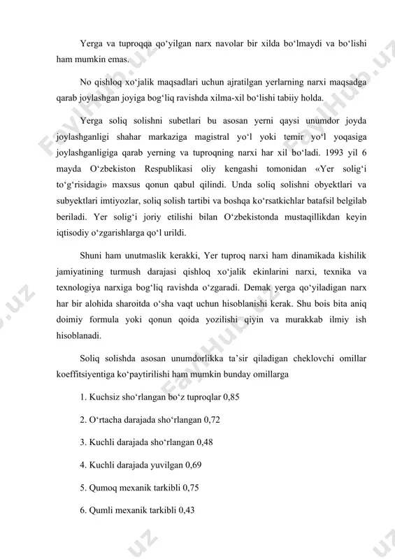 a о‘z ta’sirini о‘tkazadi sug‘oriladigan yerdan olinadigan о‘rtacha soliq narxi 0-10 balli yerlarda 1 ga yer 599,9 sum 2 balldan 20 balgacha bо‘lgan sug‘oriladigan yerlarning 1 gektarining bahosi 899 sum; 21 balldan 30 ballgacha bо‘lgan yerlarni bir gektarini bahosi 1347,5; 31-40 ballgacha bо‘lgan yerlarni bahosi 1968,8 41-50ballgacha bо‘lgan yerlarni bahosi 2298,8 sum; 51-60 ballgacha 4063,8 sum; 61-70 ballgacha 5388,3 sum; 71-80 ballgacha 6995,4 sum; 81-90 ballgacha 8603,4 sum; 91-100 ballgacha 10484,8 sum. yerni narxi yerni baholashni xalq xо‘jaligidagi ahamiyati uning shahardagi yerlarni narxini belgilashda foydalaniladi shahar markaziga yaqinligigaqarab yerni narxi kim oshdi savdosida cheksiz hisoblanadi misol uchun shaharda bir gektar yerni ijaraga olib ishlatishda soliq narxi 241968 sum bir yilga. lalmikor yerlarda ham yer solig‘i olinadi bunda yerni narxi yomg‘ir bilan ta’minlanganlik darajasiga qarab hisoblanadi. 1-zonada yog‘ingarchilik bilan ta’minlangan yerda bir gektar uchun soliq 104,5 ming 2-yog‘in bilan yarim ta’minlangan yerlarda 83,9 ming 3-yog‘in bilan ta’minlanmagan yerni gektardagi narxi 73,00 …