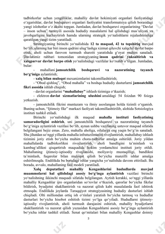 5 yildan buyon taraqqiyot huquqi to‘g‘risidagi deklaratsiya amal qilmoqda. shu ma’noda, o‘zbekiston prezidenti taqdim etgan taraqqiyot strategiyasi xalqaro hamjamiyatning rivojlanish tendensiyalariga, butun dunyoning taraqqiyot trendlariga to‘la mos keladi. 2022–2026 yillarga mo‘ljallangan yangi o‘zbekiston taraqqiyot strategiyasining qabul qilinishi tom ma’noda tarixiy voqea bo‘ldi. harakatlar strategiyasining mantiqiy davomi bo‘lgan ushbu tarixiy hujjatda yaqin va o‘rta istiqbolda o‘zbekistonning taraqqiyot tendensiyalari, davlat va jamiyat hayotining barcha jabhalarini kompleks rivojlantirish yo‘nalishlari aniq belgilab berilgan. taraqqiyot strategiyasining ahamiyati shundaki, uning ishlab chiqilishida mavjud muammolar e’tiborga olindi, yechimini kutayotgan dolzarb vazifalar aks ettirildi. eng muhimi, hujjatning ishlab chiqilishida xalqimiz faol ishtirok etdi. tom ma’noda, xalqimiz hammuallifligida ishlab chiqildi, deyish mumkin. strategiyada “inson qadri uchun” degan tamoyilni hayotda to‘la ro‘yobga chiqarish vazifasi yaqqol aks etgan. bu qadriyat zamirida har bir insonning tinch va xavfsiz hayot kechirishi, uning fundamental huquq va erkinliklarini ta’minlash, har bir fuqaro uchun munosib turmush sharoiti va zamonaviy infratuzilma tashkil etish, malakali tibbiy xizmat ko‘rsatish, …