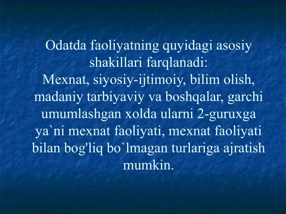 ilash – farovonlikni his etish – o`z-o`zidan quvonch va bayram hissini keltirishdan iborat, va bu ma`noda salomatlikni kasalliklar va erta o`limning oldini olish bilan mustahkamlash ham muhimdir. саломатлик турлари шахсий саломатлик гурух саломатлиги жамоа саломатлиги salomatlikka ekologik qarash “salomatlik ko`rsatkichlari alohida kishi darajasidan boshlab to bizning madaniyatimiz va dunyo ekotizimi darajasigacha bo`lgan atrof-muhitning jismoniy va ijtimoiy holati determinantlarini birlashtiruvchi ko`pgina omillar bilan ifodalanadi” (davies va kelly). salomatligimizni nima ifodalaydi? salomatlikligimizni biologik, siyosiy, iqtisodiy, ijtimoiy, madaniy va atrof muhit kabi omillar ta`sir etadi, ya`ni salomatligimiz boshqa kishilar, jamiyat va atrof-muhit holati bilan bog'liq. kishilarning ijtimoiy ahvoli, daromadi, atrof-muhit nojo`ya ta`sirlaridan himoyalanishi qanchalik sifatli bo`lsa, salomatlik darajasi shunchalik yuqori bo`ladi. salomatligimizni nima ifodalaydi?(davomi) jamiyat mafaati ustun mafkuralarda salomatlik qadri yuqoriroq. salomatlik – millat iqtisodiy rivojlanishining zarur sharti va shu sababli alohida kishilar emas, balki millat manfaati nazarda tutiladi. bundan shu kelib chiqadiki, salomatlik uchun davlat ma`suldir. инсон саломатлиги qуйидагиларга боg'лиq : аhоли …