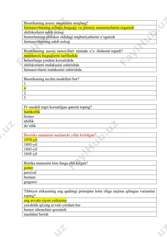 ni rivojlanishiga kora vujudga kelgan? tibbiyot va biologiya tibbiyot biologiya matematika bioetikaning 3 modelini korsating? deontologik -paternalizm gippokrat paternalizm hamkorlik paternalizm 5-bosqich togri korsatilgan qatorini? dekloratsiya na tibbiyot etikasi xalqaro kodeksi qabul qilingan deontologik bosqich moneistik dinlar paydo bolishi bilan boshlandi hamkorlik tibbiyot etikasi…? vrachlar huquqlarinihimoya qiladi bemorlarini himoya qiladi togri javob yoq vrachlarga qarshi jazo qollaydi biotika kimlarning huquqlarni himoya qiladi? bemorlar vrachlar hamkorlar togri javob yoq tibbiyot etikasining 2 bosqichi qandey paydo boladi? moneistik dinlar paydo bolishi bilan kodeks qabul qilinganda vrachlar uyushmasini tashkikl topishi hamkorlik paydo bolishi paternalizm atamasi o’zi kelib chiqishiga kora qandey tillar mansub? ijtimoiy-siyosiy siyosiy iqtisodiy iqtisodiy-siyosiy v.potter qaysi modelda faoliyat yuritgan? 4 3 2 1 3 modelda qaysi prinsip qollanilgan? ziyon yetkazma yaxshilik qil yordam korsat ziyon korsatish 2 modelini korsating? paratsels paternalizm hamkorlik antroponizm paratsels modeli doirasida paternalizm nima sifatida rivojlanadi? vrachlar va bemorlar munosabatlari asosida vrachlar uyushmasi asosida kodeks asosida bemorlarga …