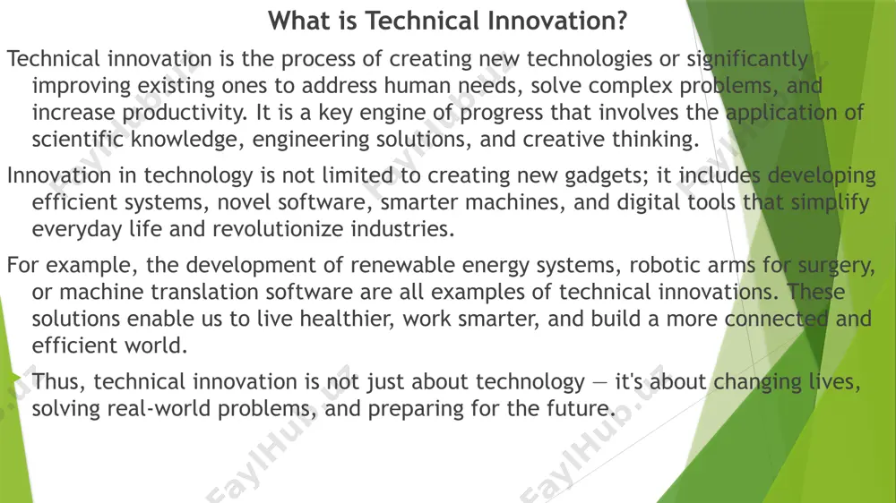 he heart of sustainable progress. historical examples of technical innovation throughout human history, technical innovation has acted as a catalyst for civilizational leaps. each major era of development has been marked by transformative inventions. the agricultural revolution: the plow and irrigation tools allowed for organized farming and permanent settlements. the industrial revolution: inventions like the steam engine, spinning jenny, and power loom revolutionized manufacturing and transportation. the communication era: the telegraph, radio, telephone, and later, television connected people across long distances like never before. the digital revolution: the invention of microprocessors, personal computers, and the internet laid the foundation for the modern information age. these examples highlight how innovation doesn't just improve technology — it reshapes society, culture, and the global economy. recent and emerging innovations in recent years, technological innovation has accelerated faster than at any other time in history. new ideas are emerging daily across a wide range …