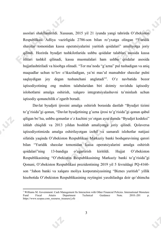 ning markaziy banki to’g’risida”gi qonuni, o’zbekiston respublikasi prezidentining 2019 yil 5 fevraldagi pq-4160-son “jahon banki va xalqaro moliya korporatsiyasining “biznes yuritish” yillik hisobotida o’zbekiston respublikasining reytingini yaxshilashga doir qo’shimcha chora-tadbirlar to’g’risida”gi qaroriga muvofiq qabul qilindi. qarorga ko’ra, o’zbekiston respublikasi markaziy banki boshqaruvining 2015 yil 16 maydagi 12/17-son qarori bilan tasdiqlangan “yuridik shaxslar tomonidan kassa operatsiyalarini amalga oshirish qoidalari”ning 13-bandi ikkinchi xatboshisi quyidagi tahrirda: ya’ni, “naqd pul qabul qilinganda buxgalteriya hisobi va moliyaviy boshqarish vazifalarini amalga oshiruvchi shaxs hamda kassir tomonidan imzolangan, kassir shtampi bilan tasdiqlangan kassa kirim orderi yoki kassa apparatining izi tushirilgan chipta pul topshirgan shaxsga beriladi”[footnoteref:3]- deb bayon etilishi belgilandi. [3: o’z. r.si markaziy banki boshqaruvi tomonidan (2015 yil 16 maydagi 12/17-son qarori) tasdiqlangan hamda 2015 yil 21 iyunda yangi tahrirda o’z. r.si a.v.da 2786-son. “yuridik shaxslar tomonidan kassa operatsiyalarini yuritish qoidalari”ining 13 - bandi. www.lex.uz ] ushbu normativ-huquqiy hujjatlardan tashqari davlat sektori uchun moliyaviy hisobotning xalqaro standartlari …