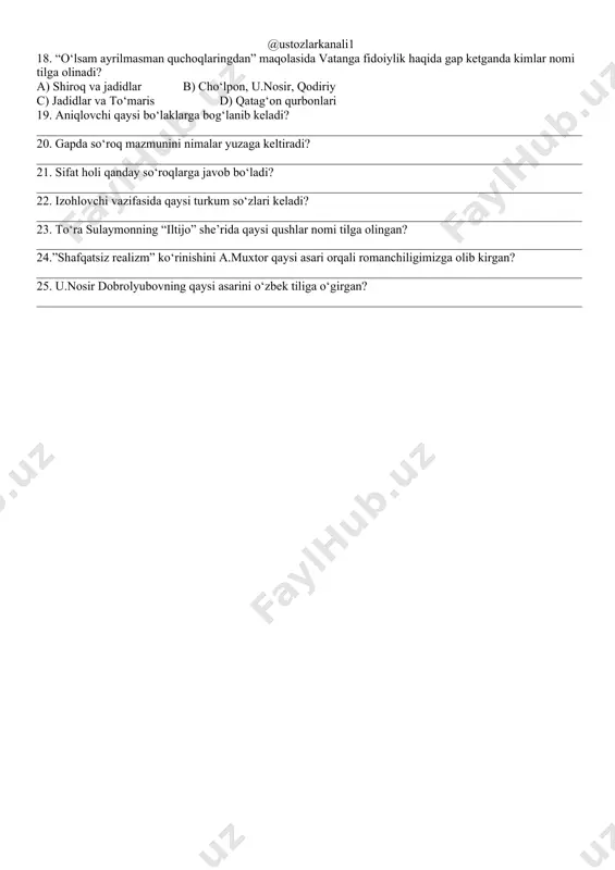 t fanidan test javoblari 8 - sinf ii - variant 1.moslashuv yo‘li bilan birikkan so‘z birikmalarini toping. a) adolatli hukm, mustaqil davlat b) hayotbaxsh kuy, baxtli bolalik c) kitob o‘qimoq, diqqat bilan tinglash d) shahar ko‘rki, bolalar shodligi 2. tinish belgilari qo‘llanishi haqidagi qoidalar yig‘indisi nima deyiladi? a) sintaksis b) punktuatsiya c) uslub d) leksikologiya 3. ot kesimli gap qaysi qatorda berilgan? a) o‘rtaga biroz jimlik cho‘kdi. b) xayolimda turli fikrlar kezadi. c) hammamizning ahdimiz shu! d) sizdaylarni ko‘p ko‘rganmiz. 4. qaysi javobda jo‘nalish kelishigi noo‘rin qo‘llangan? a) inson so‘zi o‘z fazilatlarining dalili va aqlining tarjimonidir. b) dono so‘ziga bino qo‘yar, nodon o‘ziga c) do‘stlarga yaxshilik qil. d) ishga tezlik qilish yaramaydi. 5. izohlovchili birikmalar qaysi qatorda berilgan. a) bilimli bola, bilim maskani b) salqin havo, havoning ta’siri c) ayol uchuvchi, professor komilov d) dala hovli, hovli sahni 6. quyidagi gapda holning qaysi turi ishtirok etgan? bo‘layotgan baqiriqlarni eshitib, qo‘rqanidan …