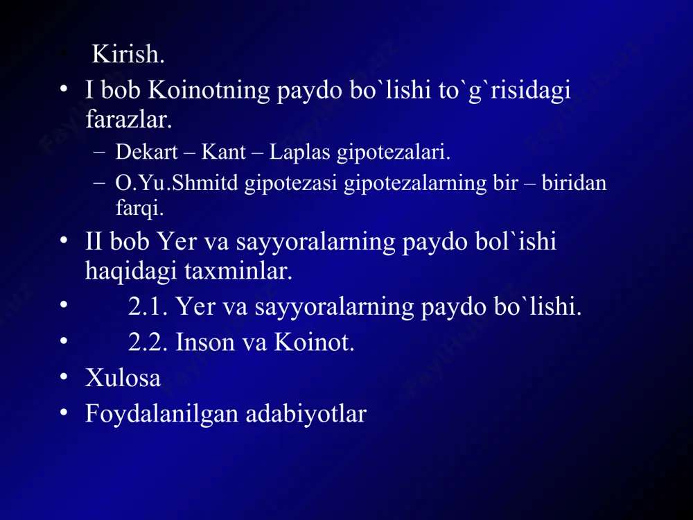 uqlashgan birikmalarning alohida parchalari, kolloid komplekslari - koatservatlar ham bir vaqtda bunyodga kelgan (soa - cervatus lotin tilida to’plam, yig’ma ma‘nosini anglatadi). * hayot taraqqiyoti tirik mavjudotlarning bunyodga kelishi bilan yer qurrasida tabiiy muhitning o’zgara borishi hayot evolyutsiyasida hayajonli voqea hisoblandi. tabiatda ximiyaviy jarayonlar - sintez va destruktsiya natijasida sifat jihatdan yangi bo’lgan tug’ilish va o’lish singari hodisa ro’y berdi. organik birikmalarning hosil bo’lishi va parchalanishiga asoslangan organik moddalarning almashinuvi o’z o’rnini tug’ilish, o’lish va yangi turlarning bunyodga kelishi, eskilarini keksayishi (qarrishi) va o’limiga asoslangan yangi bioltik almashinuvga o’z o’rnini berishga majbur bo’ldi. * dekart – kant – laplas gipotezalari. 1755 yilda nemets filosofi i.kant, 1796 yilda esa frantsuz astronomi i.s.laplas tomonidan quyosh tizimidagi sayyoralarning paydo bŏlishi tŏgrisidagi gipoteza yaratildi. ular birinchilar qatori diniy dunyoqarashlarga qarshi chiqib, tabiat doimo rivojlanishda va ŏzaro bogliq deb mehanik-qotma fikrlarni rad etdilar. ikkala gipotezada ham asosan sayyoralarning gaz-chang tumanliklaridan paydo bŏlganliklari tahmin qilingan. dastlab …