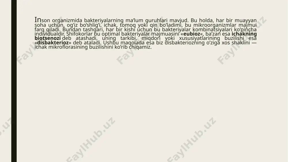 qurullashi» namoyon bo’lishi mumkin. birinchi bosqich disbakteriozi oziq-ovqat yoki suv turining o’zgarishi tufayli rivojlanadi. sababchi omil mikrofloraning mustaqil tiklanishi bilan bartaraf bo’ladi. ikkinchi bosqich ich qotishi yoki ich ketishi kuzatiliadi, ishtahaning pasayishi, og’izda yoqimsiz ta’m sezilishi, ehtimol, ko’ngil aynishi va qayt qilish kuzatiladi. bunday alomatlar ichak mikroflorasining sezilari o’zgarishlarida kuzatiladi, bu holat antibiotiklarni qabul qilish yoki oziq-ovqatdan zaharlanish tufayli rivojlanadi. uchinchi bosqich ichakda og’riqlar paydo bo’ladi, axlat bilan hazm bo’lmagan ovqat qismlari chiqishi kuzatiladi, ikkinchi bosqichda aytib o’tilgan alomatlarning kuchayishi qayd qilinadi. ushbu bosqichdagi disbakterioz ichak devorlarining yallig’lanishi, ovqat hazm qilish jarayonining buzilishiga olib keladi. jiddiy asoratlarni oldini olish uchun dori-darmonlar bilan davolanadi. to’rtinchi bosqich oldingi bosqichlardagi alomatlar, uyqusizlik, apatiya, tushkunlik kuzatiladi. ichak mikroflorasining deyarli butunlay o’zgarishida anemiya va avitaminoz rivojlanadi. malakali davolashsiz to’rtinchi bosqich disbakterioz jiddiy infektsion kasalliklarga olib kelishi mumkin. ichak mikroflorasi buzuqligi bilan axlatni vizual tahlil qilish shuningdek, ichak disbakteriozida ichak patologiyasi tabiatiga alohida e’tibor beriladi, bu …