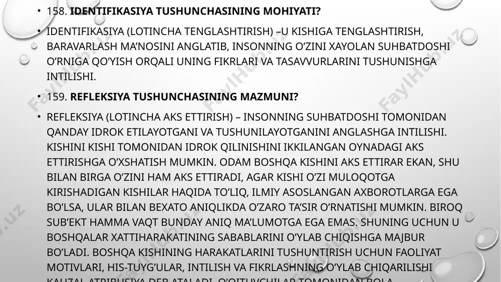chiqishga majbur bo’ladi. boshqa kishining harakatlarini tushuntirish uchun faoliyat motivlari, his-tuyg’ular, intilish va fikrlashning o’ylab chiqarilishi kauzal atribusiya deb ataladi. o’qituvchilar tomonidan bola harakatlarining shunday sababini talqin qilinishi maktabdagi pedagogik muomalani qiyin-lashtiradi 160. sterotipizasiya tushunchasining mazmuni? stereotipizasiya – grekcha o’zgarishsiz, takrorlanish degan ma’noni bildirib, insonning suhbatdoshini tushunishga intilishi yo’lida muayyan shablondan foydalanishi. stereotipizasiya ma’lum yoki taxminan ma’lum bo’lgan voqealarni tiklash, nisbat berish yo’li bilan xulk normalarini tasniflash va ularning sabablarini izohlash demakdir. ba’zan muomala jarayonida noto’g’ri stereotip vujudga keladi.masalan, a.a.bodalev tomonidan o’tkazilgan tadqiqot natijalariga ko’ra, kishining tashqi qiyofasi va uning xarakteri haqidagi stereotip tasavvurlar ommaviylashib ketganligi tasdiqlandi 161.noverbal vositalar muloqotda qanday ahamiyatga ega? noverbal kommunikasiyaga belgilarning optik-kinetik tizimi kirib, ularga jestlar (qo’l harakatlari), mimika (yuz harakatlari) va pantomimika (qo’l, oyoq, tana harakatlari) kiradi. jestlar – insonning qo’l harakatlari bo’lib, u orqali insonning ichki holati, biror bir ob’ektga munosabati va tashqi olamga yo’nalganligi ifodalanadi. u yoki bu xalqlarda jestlar turlicha qabul …