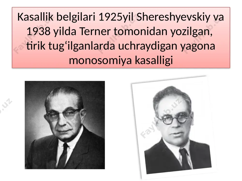 anachasining 20% dan kam hujayralarda aniqlanishi. instrumental funktsional tekshiruvlar. labarator instrumental maxsus tekshiruvlar sitogenetik molekulyar genetik jinsiy xromosomani aniqlash shershevskiy-terner sindromida pubertat yoshga qadar (8-15 yosh) davolash taktikasi past bo’ylikni to’g‘rilashga qaratilgan bo’ladi va u quyidagilarni o‘z ichiga oladi: anabolik steroidlar tayinlash (oksandrolon kuniga 0,05 mg/ kg dozasida) rekombinant o‘sish gormonini mustaqil yoki anabolik steroidlar bilan birga qo’shib tayinlash. sindrom shereshevskiy-turner - davolash turner sindromi bilan davolanishning asosiy maqsadi qizning normal o'sishini va jinsiy rivojlanishini ta'minlashdir . ilgari kasallik aniqlanib, davolanish boshlanganda, bemorning normal rivojlanish ehtimoli ko'proq. buning uchun birinchi navbatda gormon terapiyasi qo'llaniladi va jinsiy rivojlanish davrida unga estrogen gormoni qo'shiladi. o'smirlik davridan keyin estrogen va progestin terapiyasining qo'shma gormonlarni almashtirish usuli qo'llaniladi. terapiya paytida bemorlar odatdagidek rivojlanishi va oddiy jinsiy hayotga olib kelishi mumkinligiga qaramasdan, ular asosan samarasizdir. murakkab davolanish bilan bolani tug'ish qobiliyati faqat turner sindromiga chalingan ayollarning 10 foizida, keyin esa mozaikada karyotip bilan ta'minlanadi. image1.png …
