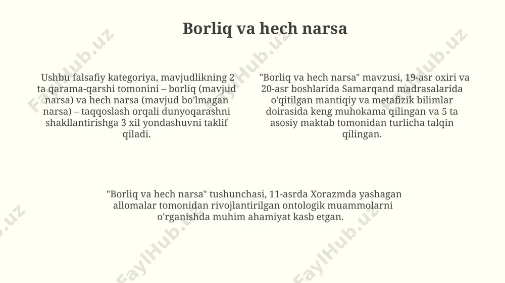 jud bo'lishini, shuningdek, o'ziga xos xususiyatlarga ega bo'lishini anglatadi, bu xususiyatlar dunyoning turli burchaklarida o'rganilgan. borliqning asosiy xususiyatlaridan biri uning ko'p qirrali tabiati bo'lib, 3 ta asosiy kategoriyaga, ya'ni mavjudlik, o'zgarish va bog'lanishga bo'linadi, bu esa aristotel falsafasida 2000 yildan ortiq vaqt davomida muhokama qilingan. borliq va vaqt sartarning "borliq va vaqt" asari 20-asr ekzistensializmi uchun muhim ahamiyatga ega bo'lib, 1000 dan ortiq sahifasida inson mavjudligining chuqur tahlilini taqdim etadi. kitobda insonning o'z mavjudligi bilan bog'liq 3 ta asosiy tushuncha – mavjudlik, vaqt va ozodlik – tahlil qilinadi va ularning o'zaro bog'liqligi ko'rsatib beriladi. "borliq va vaqt" asari 1943-yilda, ii jahon urushi davrida, germaniyaning sent-deni shahrida yozilgan bo'lib, mavjudlikka oid ekzistensializm falsafasining asosiy tamoyillarini bayon etadi. borliq falsafasining asosiy tushunchalari borliq falsafasida mavjudotning 3 ta asosiy xususiyati – mavjudlik, o‘zlik va munosabatlar – aristotelning “metafizika” asarida 4-asrda miloddan avvalgi yunonistonda shakllangan va keyinchalik 20-asrda ekzistensializmda qayta ko‘rib chiqilgan. ibn sino …