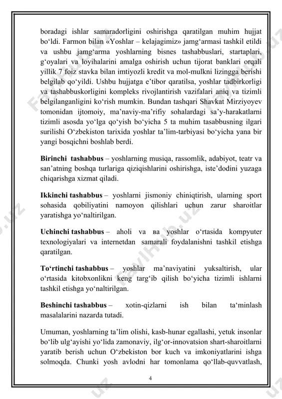 asosiy dolzarb masalalardan biri yoshlarni ma’naviy barkamol insonlar qilib tarbiyalash va ularni ongida ona vatanga muhabbat his-tuyg`usini uyg`otish, komil insonning sharqona fazilatlarini o’rganishdan iborat. kurs ishining predmeti: shundan iboratki, unda barkamol insonni tarbiyalashni tashkil etishning mazmuni, omili va shakllari. kurs ishining tuzilishi: kirish, 3 paragraf, xulosa, foydalanilgan adabiyotlar ro`yxatidan iborat. ma'naviy barkamol inson tushunchasi, uning mohiyati. mamlakatimizda barkamol avlodni shakllantirish, yoshlarni ma’naviy-axloqiy va jismonan sog‘lom etib tarbiyalash, ularni olib borilayotgan islohotlarning faol ishtirokchisiga aylantirishga qaratilgan chora-tadbirlar izchil amalga oshirilmoqda. jumladan, maktabgacha ta’limning zamonaviy tizimi, 11 yillik umumiy o‘rta ta’lim joriy qilinmoqda, zamonaviy oliy ta’lim muassasalari hamda nufuzli xorijiy universitetlarning filiallari tashkil etilmoqda. yoshlarning bandligini ta’minlash va ularni tadbirkorlik faoliyatiga keng jalb qilish bo‘yicha ishlarni mutlaqo yangi tizim asosida tashkil etish va amalga oshirish maqsadida “yoshlar – kelajagimiz” davlat dasturi qabul qilindi. yoshlar bilan doimiy muloqot qilish mazkur sohadagi dolzarb muammolarni aniqlash va hal etishda davlat organlari va jamoat tashkilotlari faoliyatining …
