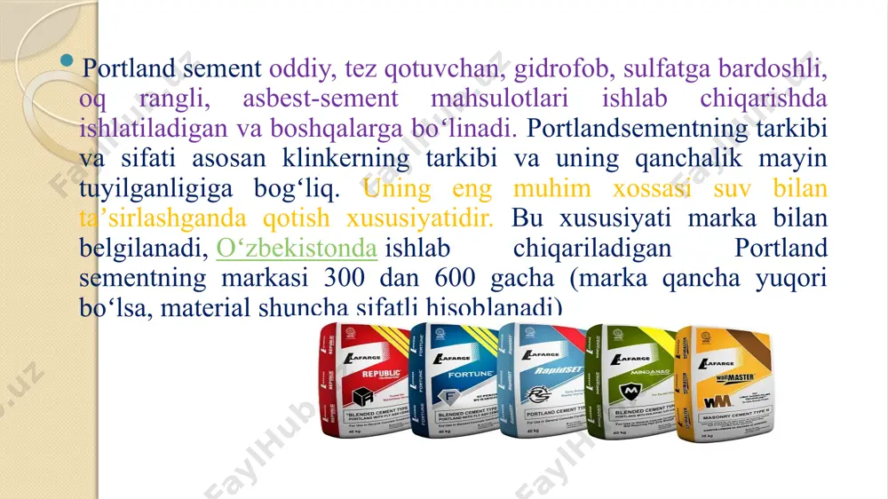 tartibga soladi) va tuzatuvchi qo'shimchalar. portlend sement m400-m600 markalarida ishlab chiqariladi, ohak, asbest-sement va boshqa materiallarni yaratish uchun ishlatiladi. dengiz suviga ta'sir qiladigan inshootlarni qurish uchun mos emas; oq portlend sement rang beruvchi moddalar minimal bo'lgan gips, diatomit va gil-qumli jinslar asosida tayyorlanadi. natijada yuqori quvvatli, ob-havoga chidamliligi va tez sozlanishi bilan birikma hosil bo'ladi. m400 va m500 faqat ikkita marka ishlab chiqariladi. ko'pincha kompozitsiya tashqi pardozlash ishlari uchun ishlatiladi, chunki u estetik ko'rinishga ega va yorilishga tobe emas. u dekorativ elementlarni (haykallarni) ishlab chiqarishda, o'z-o'zidan tekislanadigan pollarni tashkil qilish uchun ishlatiladi. yo'l qurilishi, ichida. asosida oq portlend tsement qilish rangli kompozitsiyalar; sulfatga chidamli portlend sement portlend tsement klinkeri va gips asosida ishlab chiqariladi. tarkibi sulfatlarga chidamliligini ta'minlaydigan kaltsiy aluminatlarining kamayishi bilan tavsiflanadi. tsement qo'shimchalarsiz bo'lishi mumkin yoki granüllangan cüruf shaklida qo'shimchalarga ega bo'lishi mumkin. mark m400 va m500. u minerallashgan suvlar ta'sirida ishlaydigan inshootlarni yaratish va qurishda qo'llaniladi. bunday …