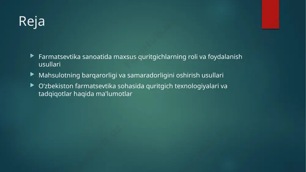 a mahsulotlarni o'zlashtirishning yangi usullari. intellektual texnologiyalar mahsulotning samaradorligini oshirishda intellektual texnologiyalar, ma'lumotlar tahlili va robototexnika muhim ahamiyatga ega. biotexnologiyalar biotexnologiyalar farmatsevtika sohasida innovatsion yondashmalardan biridir, organik materiallar va genetik modifikatsiyalar mahsulotning sifatlarini oshirishda foydalaniladi. farmatsevtika mahsulotlari uchun barqarorlik va samaradorlik texnologiyalari farmatsevtika mahsulotlarining barqarorlik va samaradorlik texnologiyalari, maxsus quritgichlar orqali taʼminlanadi. bu texnologiyalar mahsulotning tayinlangan xususiyatlarini saqlash, samaradorlikni oshirish va mahsulotni saqlashni taʼminlaydi. keyinchi texnologiyalar va innovatsion usullar foydalaniladi. photo by eszter naujoks on unsplash mahsulotning o'zaro almashishini oshirish usullari farmatsevtika sohasida 1 mahsulotlarning qulay almashishi - mahsulotlarning o'zaro almashishini oshirish usullari farmatsevtika sohasida, qulay almashish usullari va ularning mahsulot sifatiga o'z ta'sirini ta'kidlaydi. 2 kimyoviy modifikatsiya texnologiyalari - farmatsevtika sohasida mahsulotning o'zaro almashishini oshirish uchun kimyoviy modifikatsiya texnologiyalari intensiv rivojlanmoqda va muhim ahamiyatga ega. 3 nanotexnologiyalar va almashuvchilar - nanotexnologiyalar farmatsevtika sohasida mahsulotning o'zaro almashishini oshirishda katta rolni o'ynaydi, mahsulotning samaradorligini oshiradi va yangiliklarni ko'rsatadi. 4 elektron almashuv …